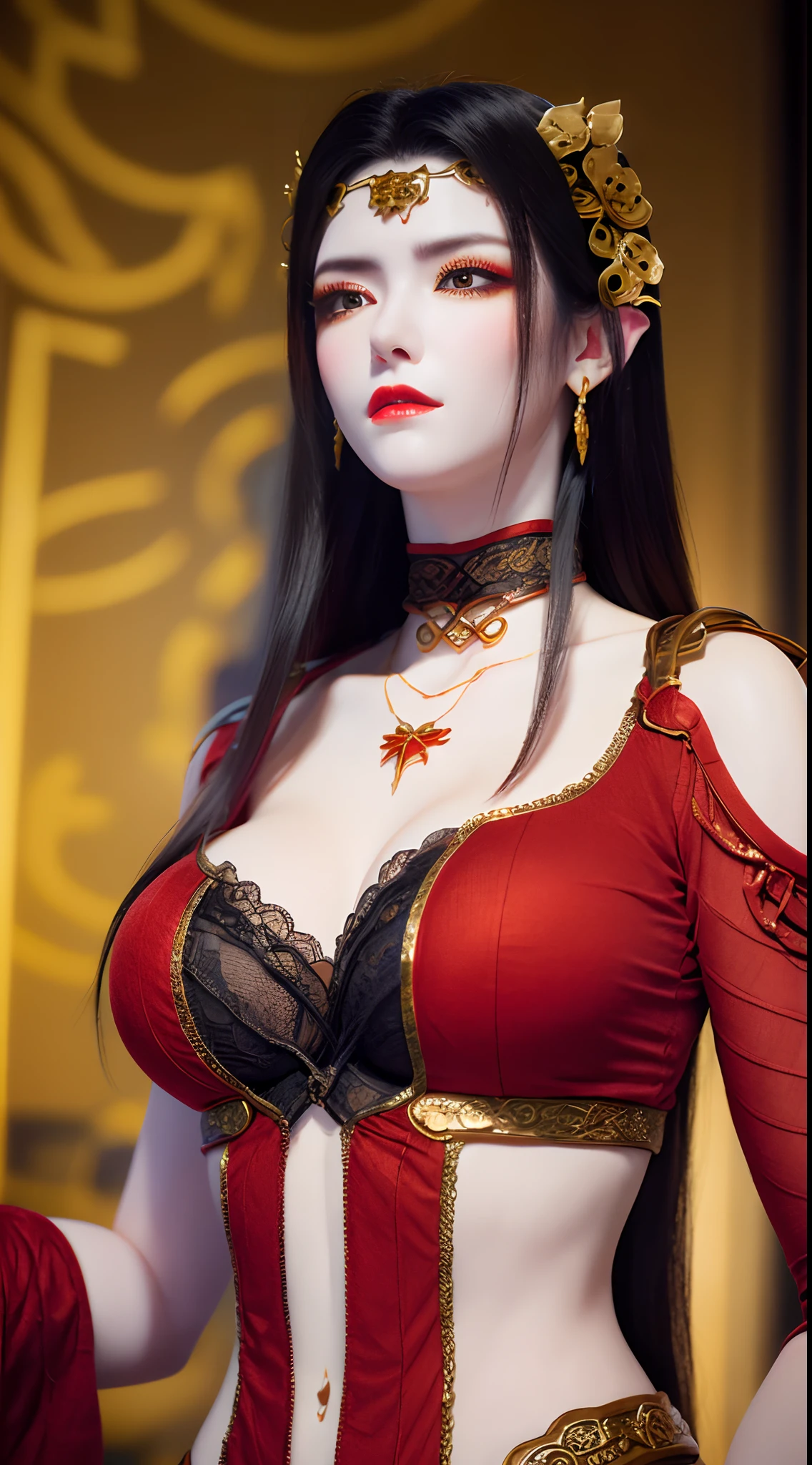 1 very beautiful queen medusha in hanfu dress, thin red silk shirt with many yellow motifs, black lace top, long hair dyed black, beautiful hair jewelry, pretty face pretty, perfect face, earring jewelry, head and hair jewelry, antique jewelry, big red eyes, sharp eye makeup, meticulous makeup eyelashes, thin eyebrows, nose tall, pretty red lips, no smile, ((closed mouth:0.9)), pursed lips, rosy cheeks, breast augmentation, wide breasts, moderately large breasts, well-proportioned breasts, slim waist, slim waist, red mesh stockings with black lace, Chinese hanfu style, fictional art patterns, colors vivid and realistic, RAW photos, realistic photos, ultra-high quality 8k surreal photos, cool photos, (virtual lighting effects: 1.8), 10x pixels, magic effects (background): 1.8), eyes wide open, super detailed eyes, beautiful girl body portrait, girl alone, ancient hanfu background, looking directly at the audience, wide original photo, 8k quality, super sharp, detailed and clear picture best, detailed light background,