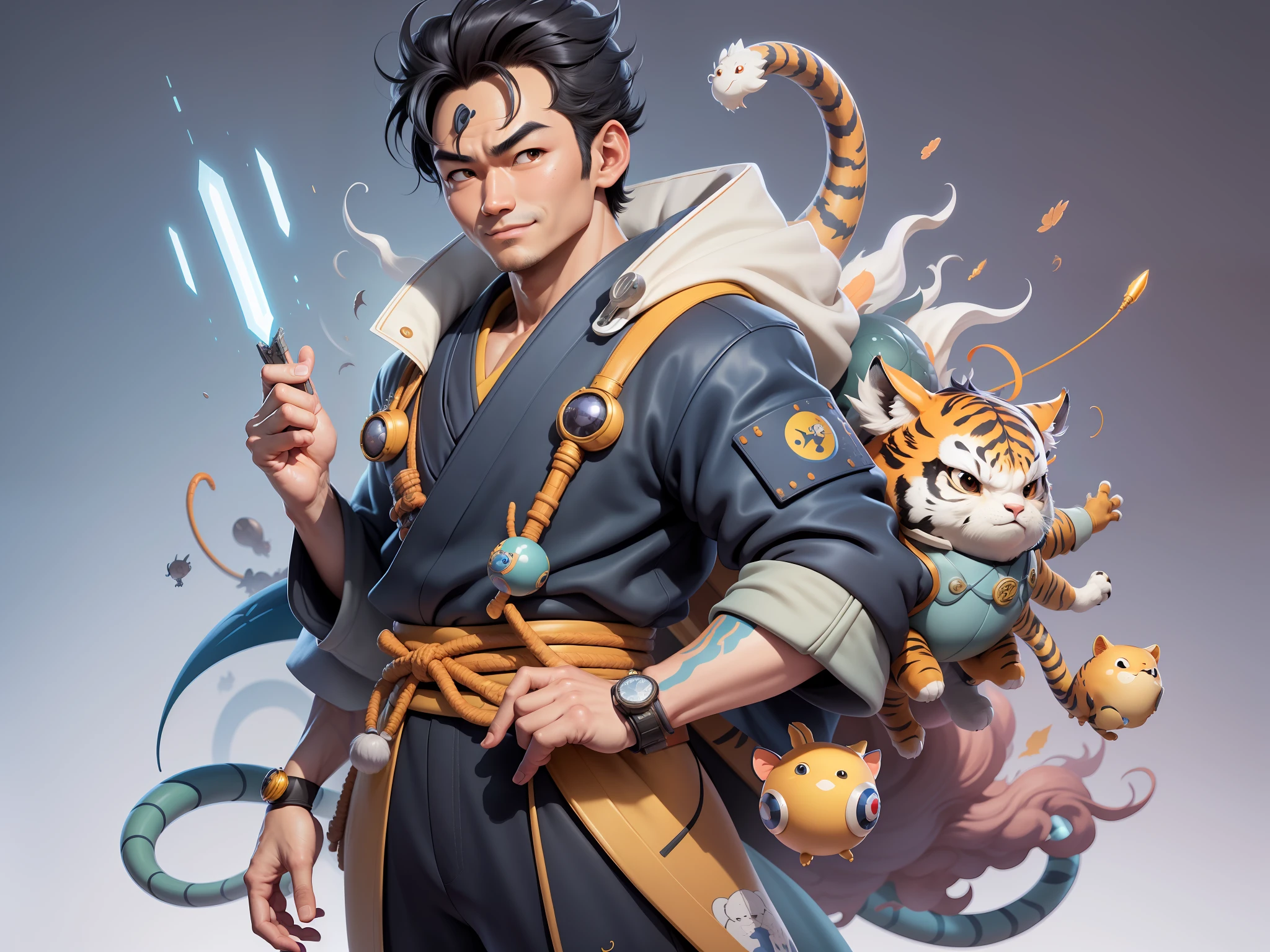 (Masterpiece), (Excellent), (Super Meticulous), (Full Body: 1.2), Super Young Man, Oriental Face, Japanese Kimono, Japanese Wind Thunder God, Dragon, Tiger, TV Anchor, Bust Portrait Illustration, Alone, Black Suit, Blue Tie, Slightly Chubby Face, Very Clean Face, No Beard, Black Super Short Hair, Black Eyes, Confident Smile, 3c Computer Sub-Products, iPad, iPhone, Digital Painting, 3D Character Design by Akira Toriyama and Mark Claireden and Pixar and Hayao Miyazaki, The illustration is a high-definition illustration in 4K resolution with very detailed facial features and cartoon-style visuals.