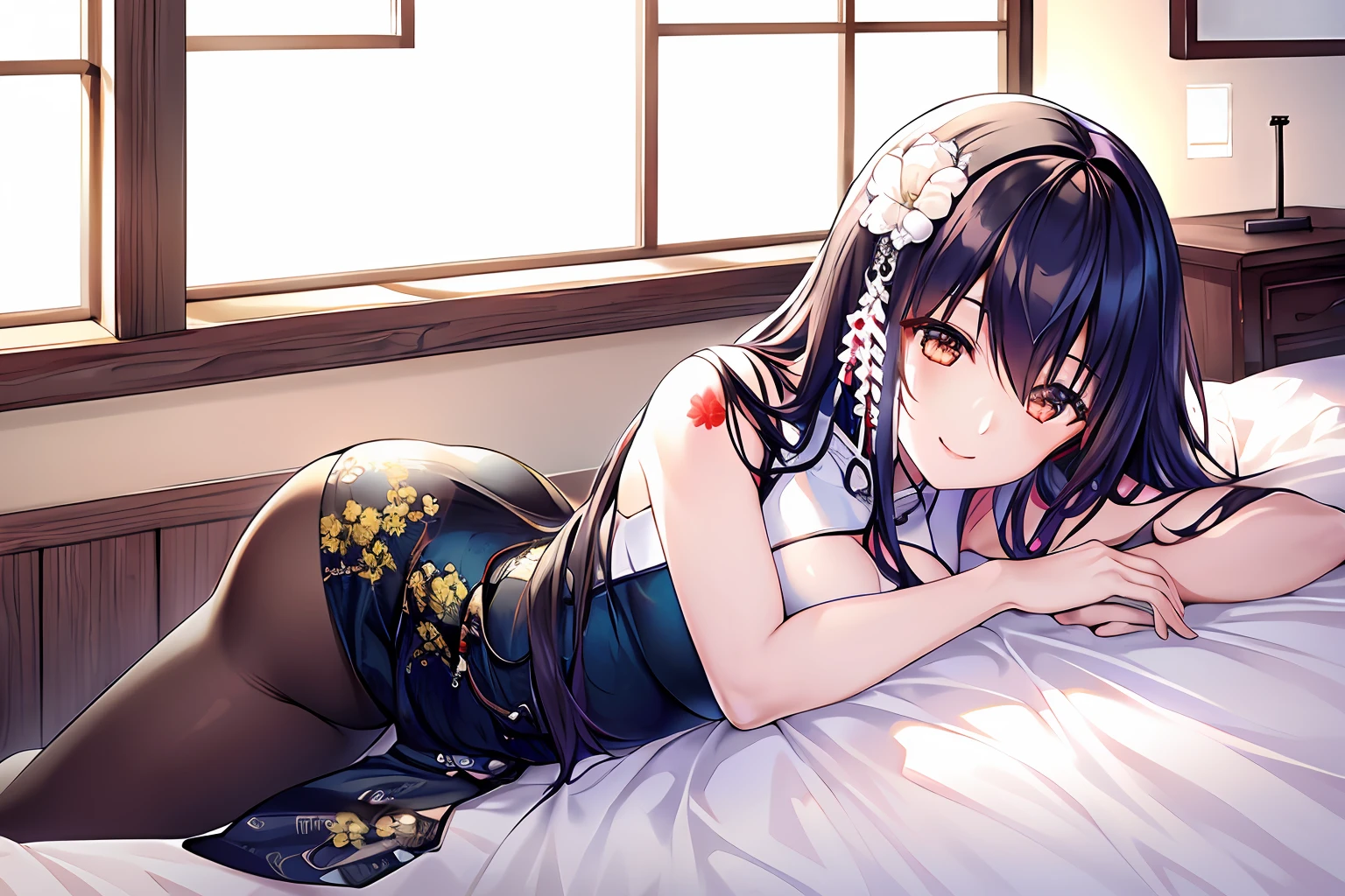 \(soft_voice_of_spring\), chinese_clothes,smile,  indoors, top-down bottom-up,on bed,, masterpiece, best quality, extremely detailed face, sharp details, high contrast,