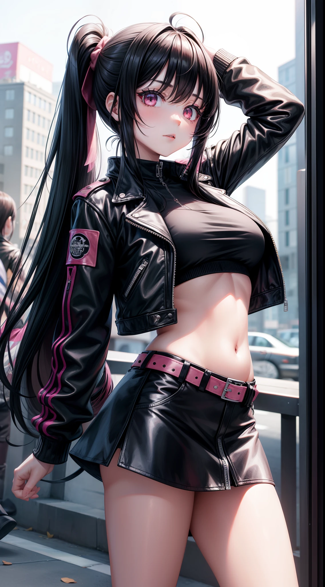 (La mejor calidad,A high resolution,Ultra - detallado,actual),Ariana Grande, long_hair, bangs_between_the_eyes black_hair_with_shake_green, bi_color_purple_neon eyes, sexy_face, gun_in_hand, right_hand, cyberpunk_clothes, short_jacket, navel appears, short_skirt, scarred_legs, left_arm_band, tattoo_above_navel_background_of_abandoned_forest, manga_style_image .
