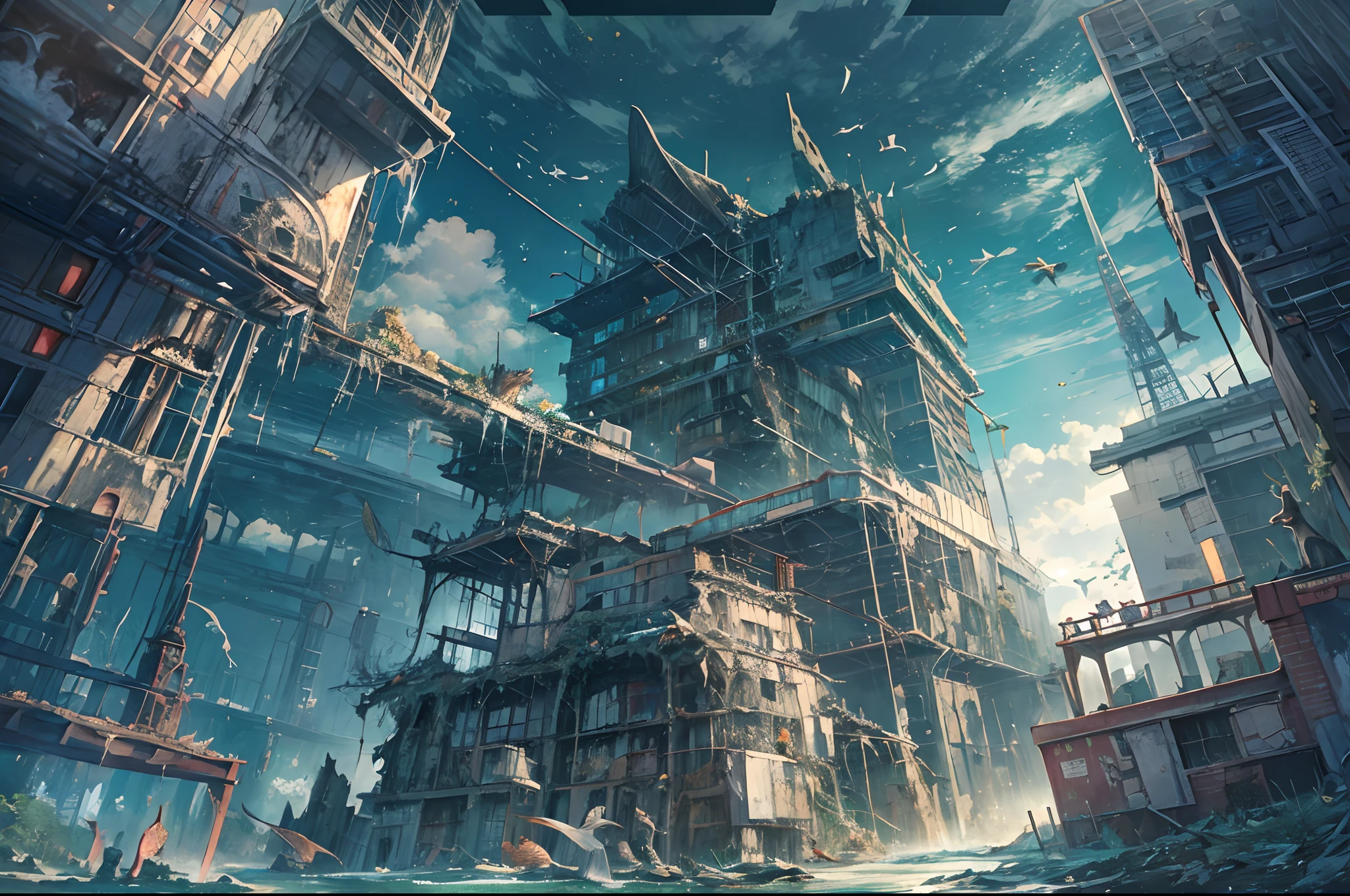 (best quality), (masterpiece), (photorealistic), (realistic), very detailed, unity 8k wallpaper, very detailed CG, ray tracking, sharp shadows, great detail, depth of field, super detailed background, crumbling civilization, submerged City, green swallowed and decaying city, submerged and collapsed City, broken landmark tower in the middle, no electricity, bird paradise, plant life, crystal clear water, calm water, wide starry sky, Shooting Star, underwater cityscape, Water Creatures, ruined city, wide shot, Birds, cats, fish,