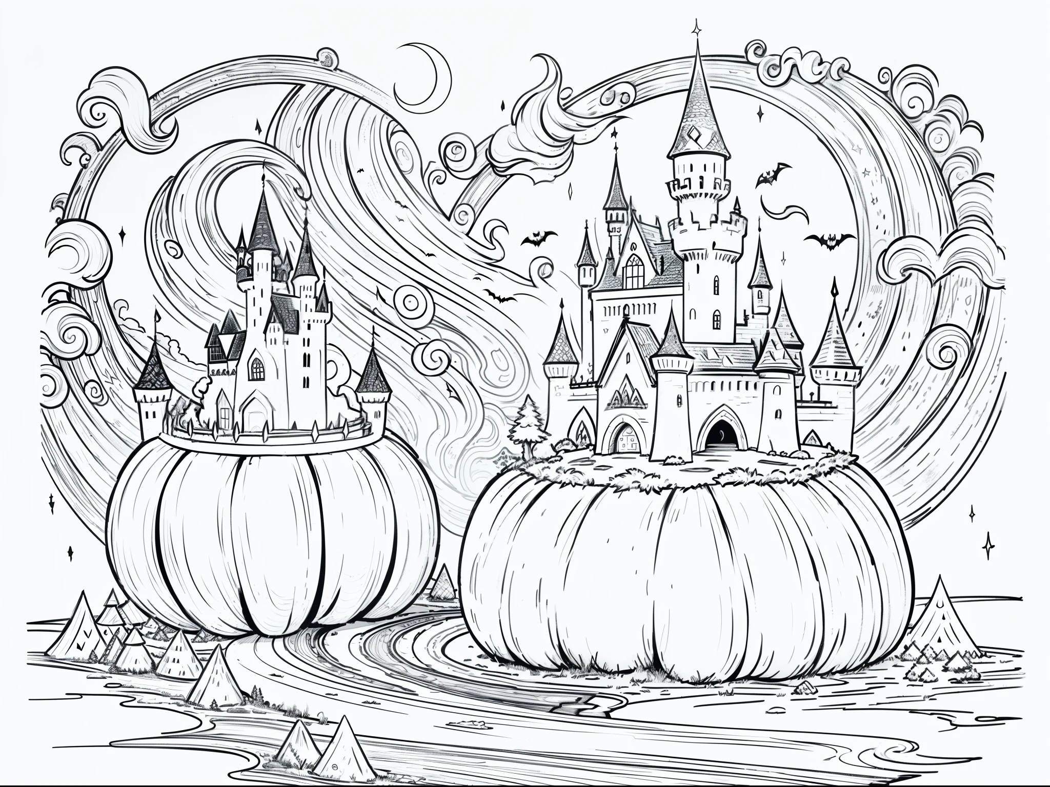 "Create black and white line art, Kid's Coloring, A page of a Halloween book with a witch making a pumpkin castle in a mountain pathway..., Clean white background, high-res.