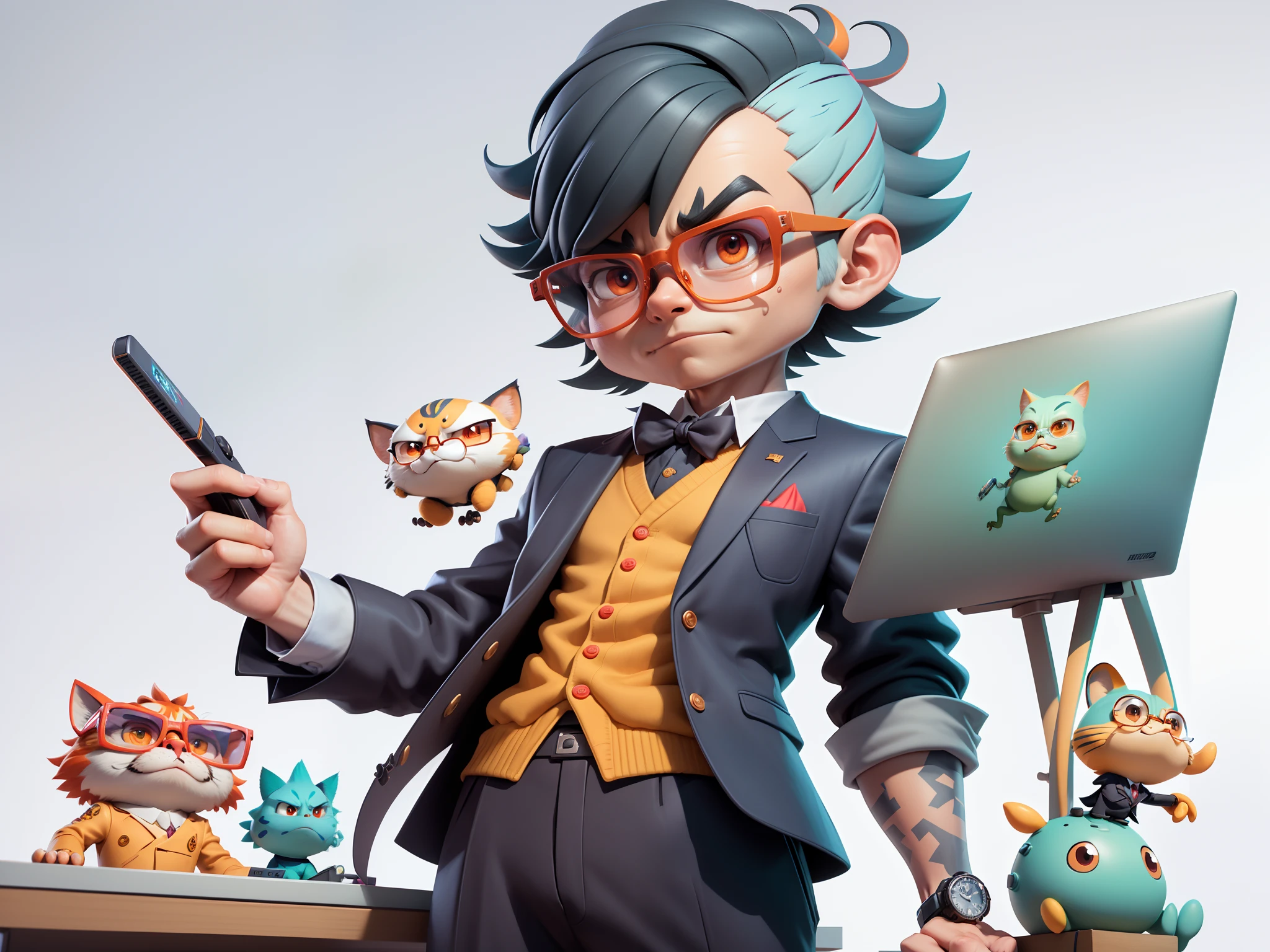 A young man in a suit, Short hair and glasses sat at his desk,holding laptop,digitial painting,tigre,3D character design by Mark Clairen and Pixar and Hayao Miyazaki and Akira Toriyama,4K HD illustration,Very detailed facial features and cartoon-style visuals。