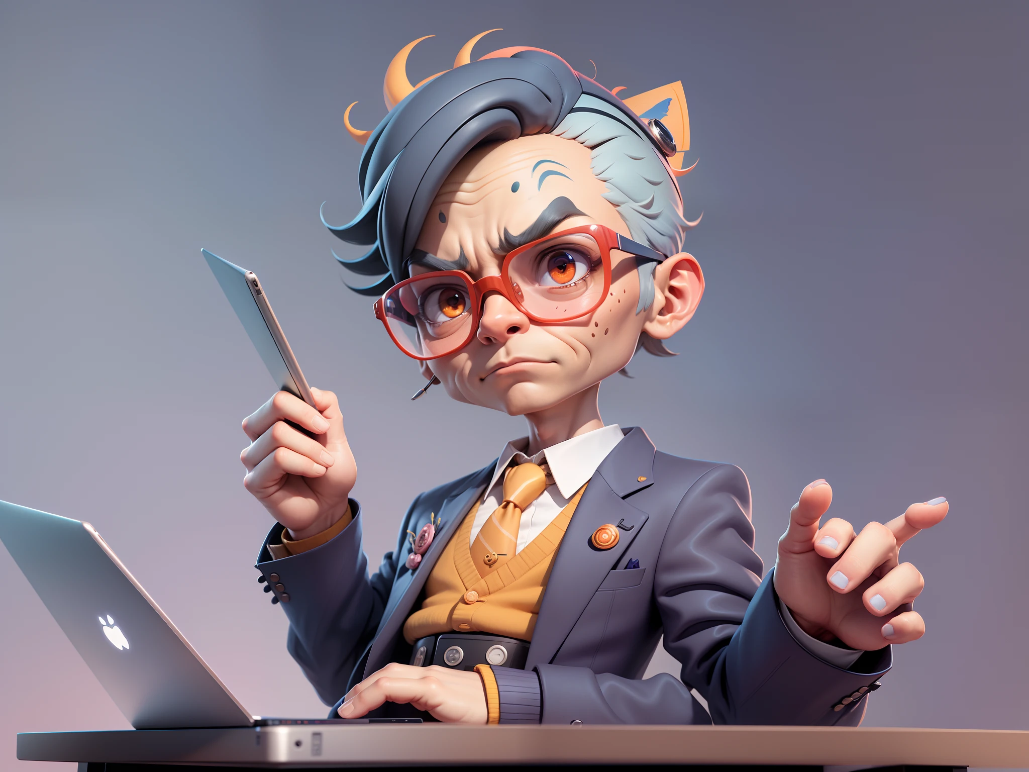 A young man in a suit, Short hair and glasses sat at his desk,holding laptop,digitial painting,tigre,3D character design by Mark Clairen and Pixar and Hayao Miyazaki and Akira Toriyama,4K HD illustration,Very detailed facial features and cartoon-style visuals。