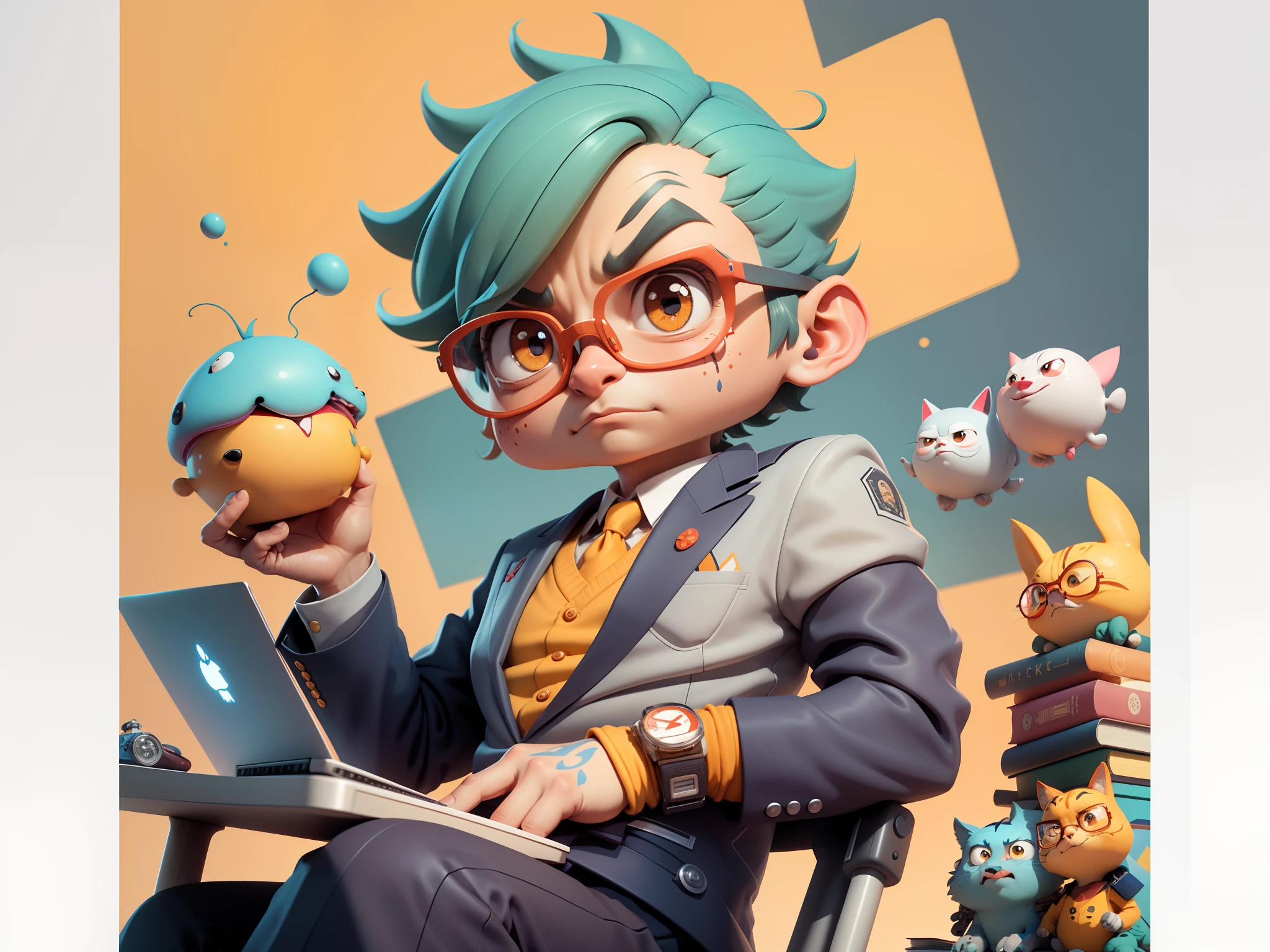 A young man in a suit, Short hair and glasses sat at his desk，holding laptop，digitial painting，tigre，3D character design by Mark Clairen and Pixar and Hayao Miyazaki and Akira Toriyama，4K HD illustration，Very detailed facial features and cartoon-style visuals。