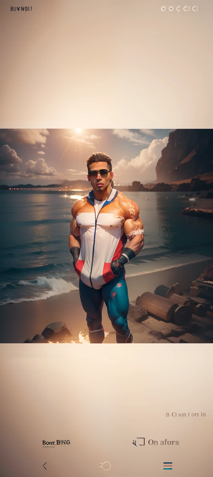 (magazine cover), solo, 1man (Huge Muscular Old man, wearing a red thong) (short hair, 2tone hair color, two tone hair colors, red and white hair color), pectoral, abnormal muscle size, very big muscle, absurdly muscle size, big bulging crotch (huge bulging crotch!) huge pectoral, wide pectoral, short white hair, short bearded, tropical beach background, masterpiece, high detailed, 8k, high resolution, --style 250, -- v 6.0