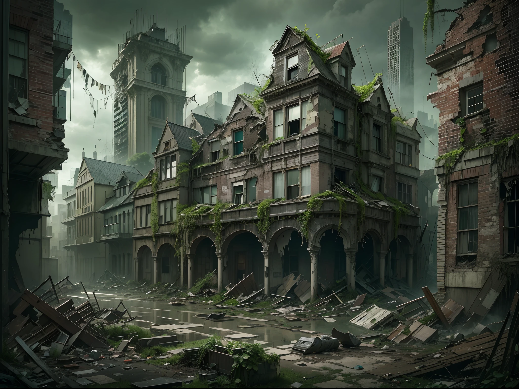 An extended view of a haunting and abandoned urban landscape of Gotham city, gothic style structure ,with lush overgrown vegetation, streets covered in layers of dust, crumbling buildings, a collapsed house, and a gloomy and desolate gray sky