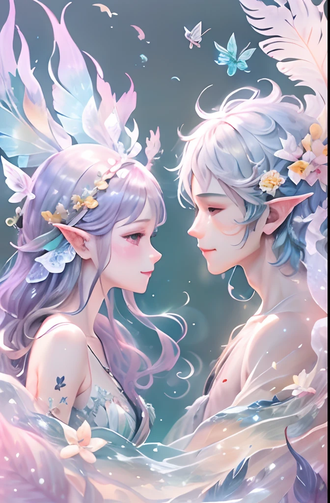 Beautiful transparent male and female fairy､Beautiful sparkling ocean、Transparent feathers､kindly smile､Summer background､Gentle and transparent fairy､Watercolor Paint