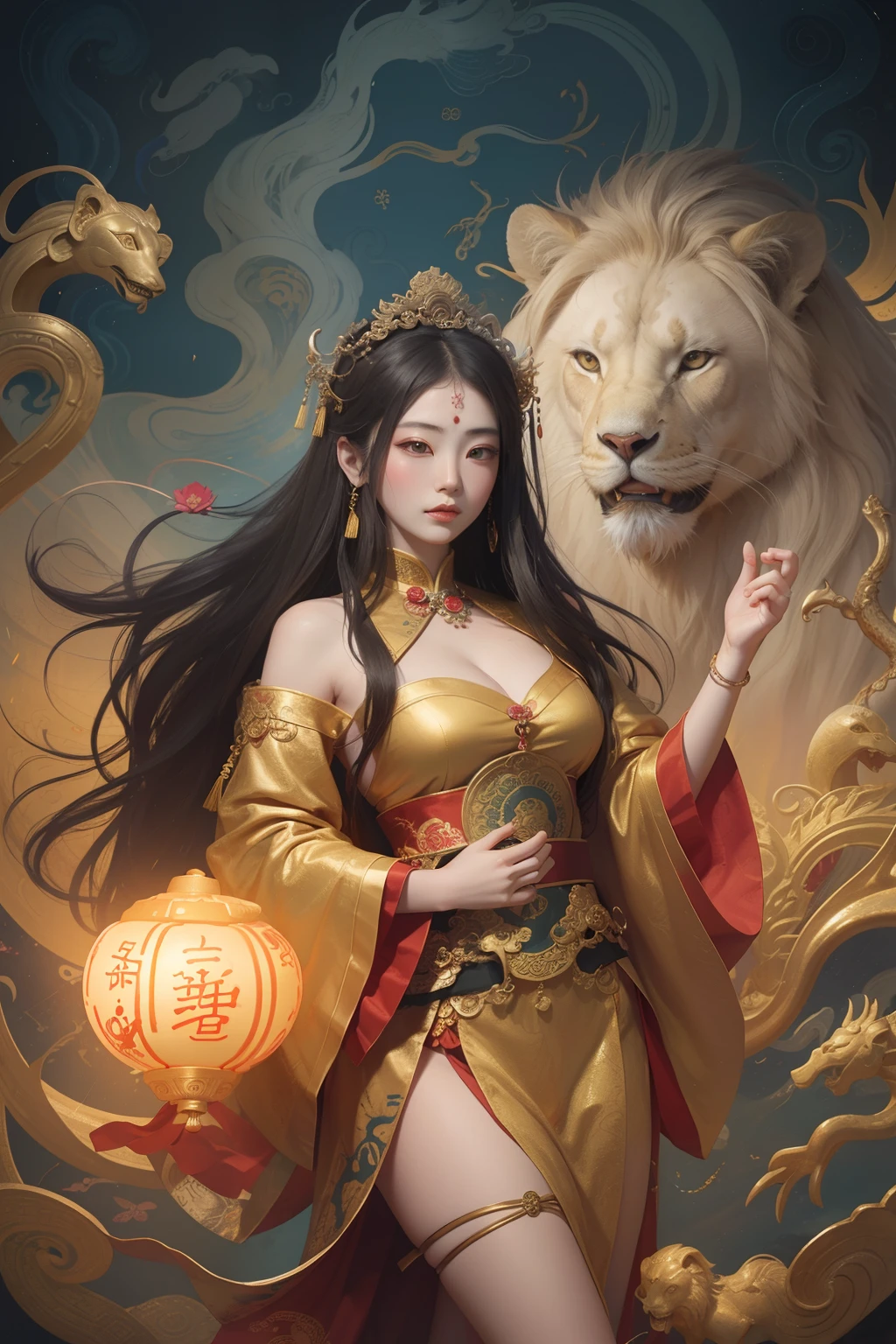 an ancient Chinese goddess, guanyin of the southern seas, Guanyin, Inspired by China, Avalokiteshvara rides a lion,,Serene expression,shui mo hua,Buddha,Buddhist,Lotus,Chinese painting style,Thangka style