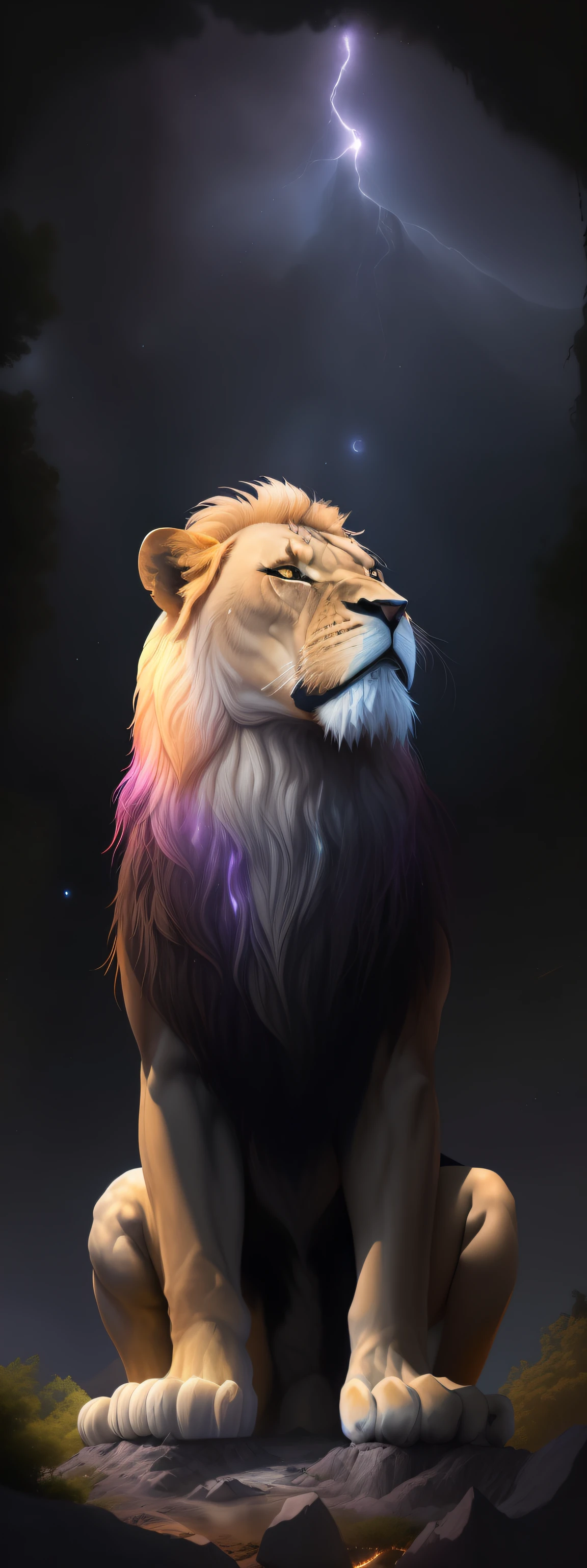 fotografia de paisagem expansiva, (a view from below that shows the sky above and the open field below), a lion standing looking up with blood dripping from its mouth(pegue a chave: 1.2), (estrelas cadentes: 0.9), (nebulosa: 1.3), montanha distante , BREAK tree production art, (fonte de luz quente: 1.2), (PiriLampiãoo: 1.2), lamplight, muito roxo e laranja, detalhes complexos, volumetric lighting BREAK (obra-prima: 1.2), (melhor qualidade), 4k, ultradetalhado , (dynamic compositing: 1.4), detalhes coloridos altamente detalhados (cores iridescentes: 1.2), (bright illumination, Atmospheric Illumination), sonhador, magia, (sozinho: 1.2)