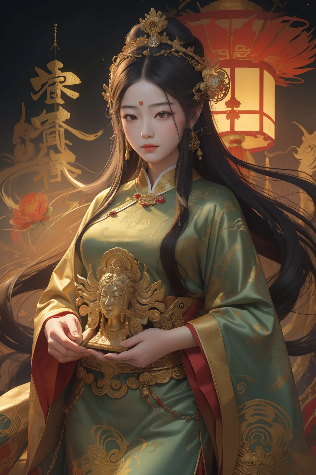 an ancient Chinese goddess, guanyin of the southern seas, Guanyin, Inspired by China, Avalokiteshvara rides a lion,,Serene expression,shui mo hua,Buddha,Buddhist,Lotus,Chinese painting style,Thangka style
