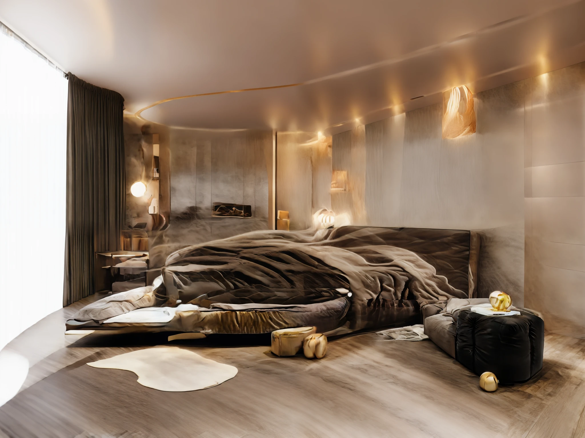 Realistic, realistic, detailed, , surreal natural light from the louver into the room, surreal, vertical lines

Modern, luxurious style bedroom

1 bed, 1 wardrobe, nightstand, cream curtain, brown herringbone square fur rug, flat ceiling with warm yellow recessed lights