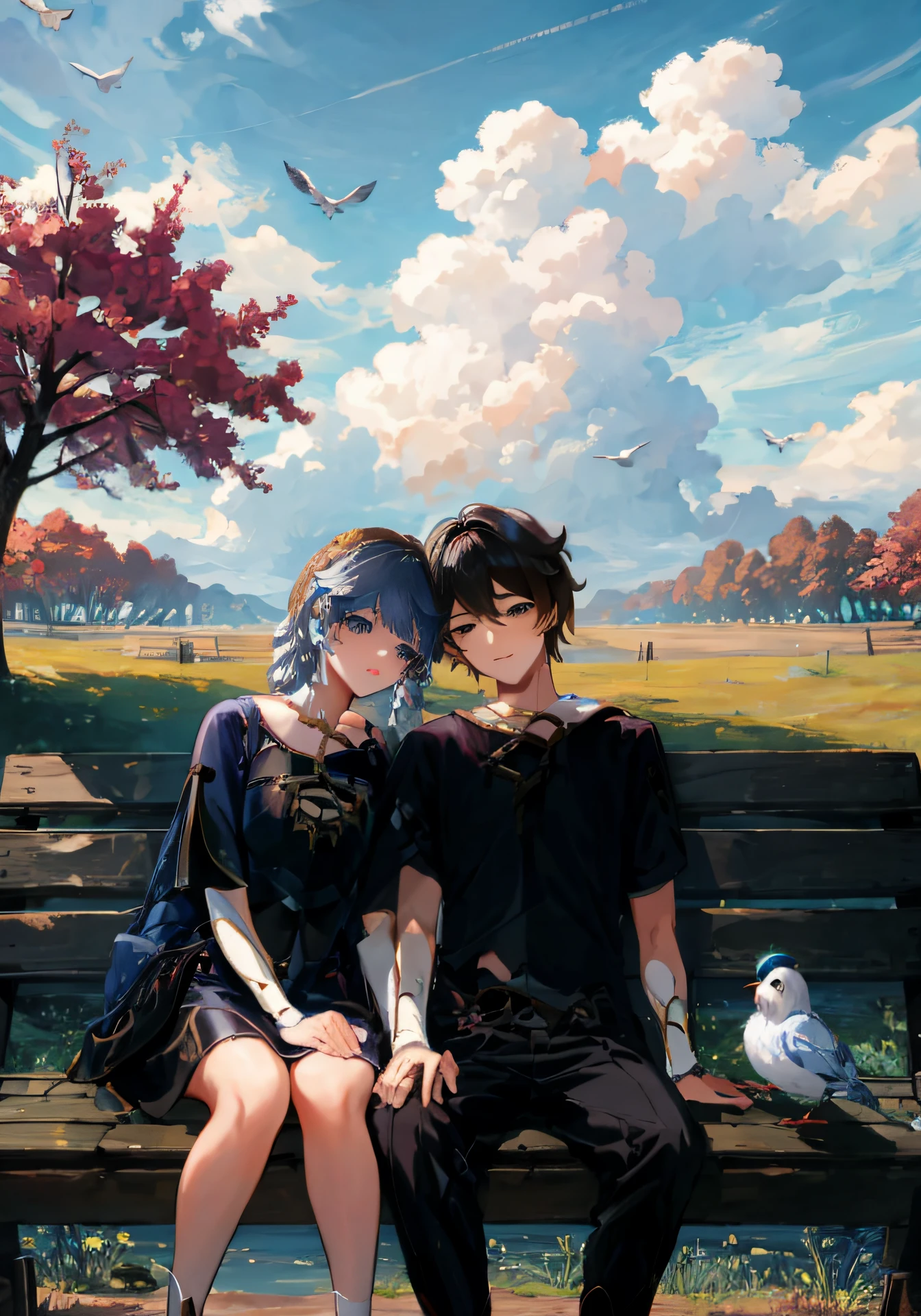 Anime couple，Ether and Ayaka anime couple（tmasterpiece：1.3），best qualtiy，offcial art，1girll，1boys，（adolable：1.3），sitting on park bench，（take hand），ssmile，Be red in the face，（brightly），（:D：0.6），sun light，cumulonimbus clouds，birds，High-quality doujin art，Best quality at best，aether yellow hair\（genshin impact\），kamisato_ayaka（Flawless light），official outfit，ayaka hair ornament，cowboy lens，pony tails，bluntbangs，eBlue eyes，ssmile，Keep your mouth shut，Eyebrows visible through the hair，long whitr hair，silber hair，Kamisato Linghua，Traveler Sky,