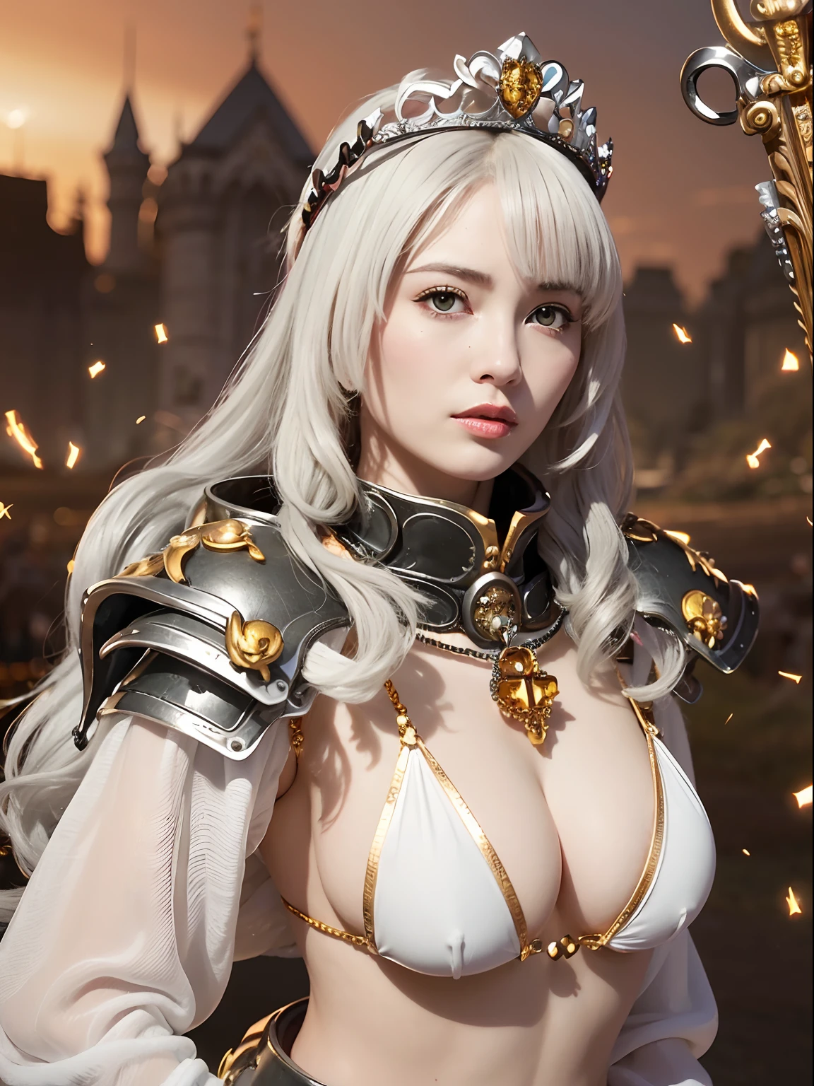 (masutepiece), Professional , ​masterpiece、top-quality、photos realistic , depth of fields （Gemstone Silver Metal Body:1.９),(Matte White、Particles of light、Jewel Gold Weapon、（Gorgeous castle background）、（White Micro Bikini）（Jewel Metal Body:1.４),Gorgeous Jewel Metal Weapons , Detailed Sword of the Brave ,（ Soldier background in metal armor）   ,warhammer 40k , adepta sororitas,Detail and ornate jewel crown、独奏、Black hair、（Gangle's forest background）、Beautiful Caucasian beauty、１a person、dynamic ungle,(((Diamond tiara with detail and luxury)))、a small face、A smile、Powerful poses、（Gorgeous castle background）、huge-breasted、20 year old beautiful woman、Stand in the center of the screen、Thin female fingers、Seductive look、Smaller head、