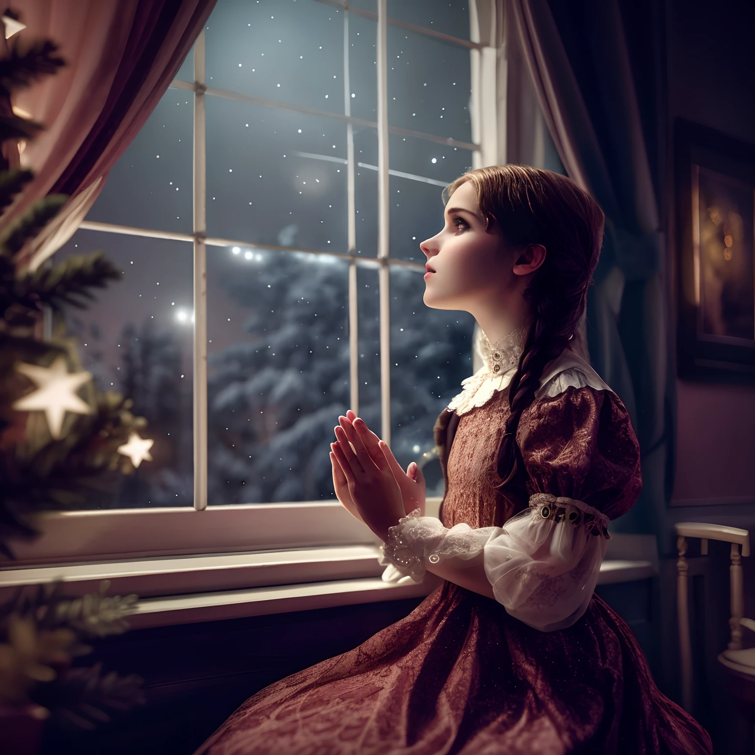Imagem de uma menina em um vestido rezando em frente a uma janela, under the silent night sky, A menina no peitoril da janela, near the window, luz fria da janela, 8k artistic portrait photography, olhando na janela, Noite de Natal, olhando pela janela, bela arte digital, Tom Chambers Fotografia, perto de uma janela, a janela
