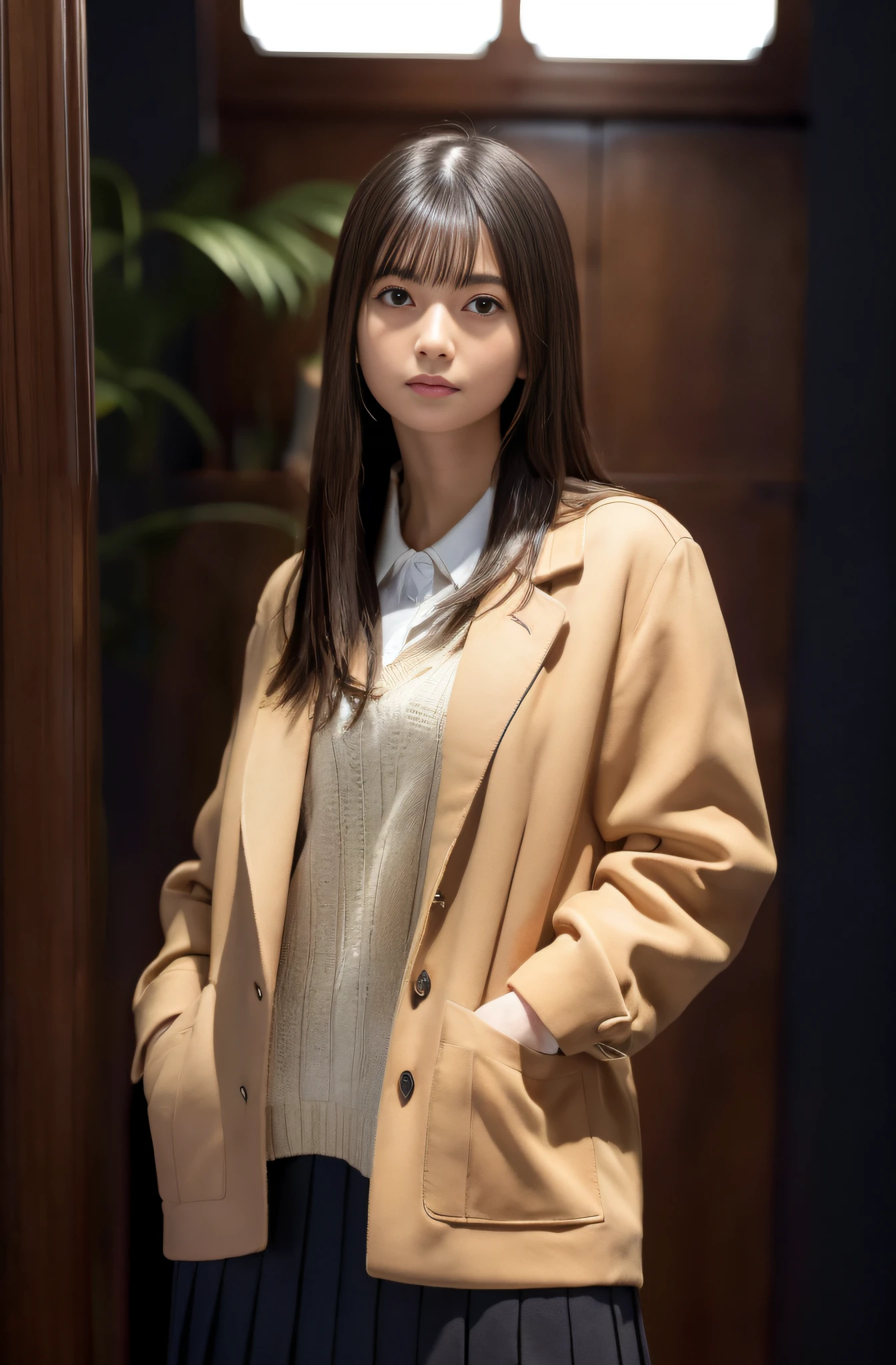 (masterpiece、ultra-detailliert、Top image quality、8K)、1girl with、Stereoscopic lighting、Ultra-dense and fine-grained nudie bare skin、natural、beautiful hair with a cuticle、(((Get your hands out of your pockets:1.2)))、Wearing a beige blazer and skirt、A smile、Hair is parted in the middle、