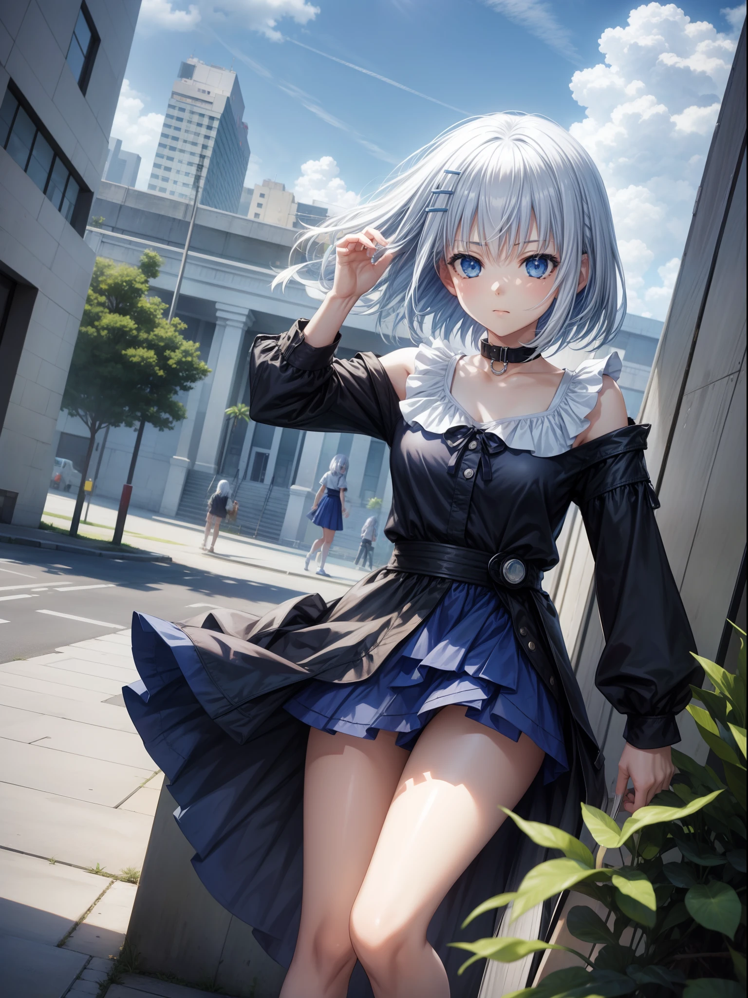 1girl, {Anime art from the 1980s:1.2},black_legwear, Blue_eyes, Blue_skye, Blur_censor, blurred, blurred background, blurry foreground, bokeh, Cloud, cloudy_skye, collar, cosplay_a  photo of a, Day, Depth of field, Dirt, east asian architecture, fence, film_Grain, Focused, hairstyle, Kemi, thights, Collection,looking into the lens, motion_Blur, name_jour, exteriors, palm tree, Park, a  photo of a_(Mid), Background for photography, Photo Installation, plant, Houseplant, rainbow, school costume, Shoes, Short hair, temple, Silver hair, skye, Squat, stadium, Street, City, a tree