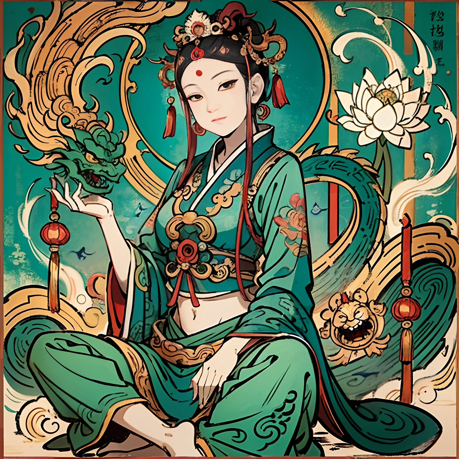an ancient Chinese goddess, guanyin of the southern seas, Guanyin, Inspired by India, Avalokiteshvara Bodhisattva Dragon,,Serene expression,shui mo hua,Buddha,Buddhist,Lotus,Chinese painting style,Thangka style