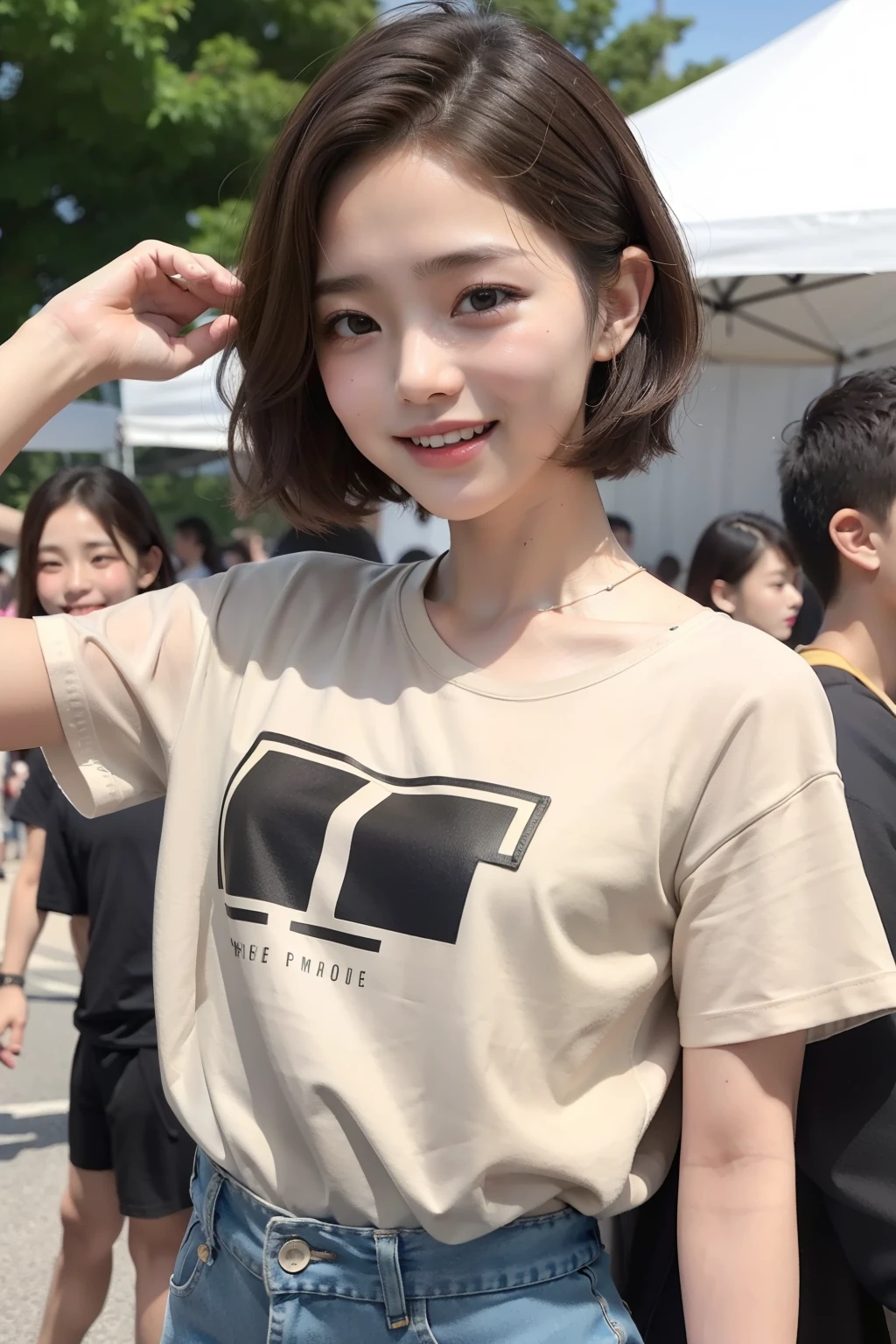 Photo Real、photoRealstic Brown-beige hair、Short hair、Decorated hair、Tied hair The contours of the face are round、drooing eyes、big eye、Young 、a babyld-faced、al facerts、T-shirt with flashy design、shortsleeves、half-pants、Decorated attire、Revealing clothing、Muffler towel 18year old、Small body、young body、skinny body Unique Pose、free pose、Facial expressions to enjoy、Laughing expression、Mass sweat Background with、Lots of people、Crowded squares、summertime、Sunshine、outdoor festival、Summer Fes、Music Festivals