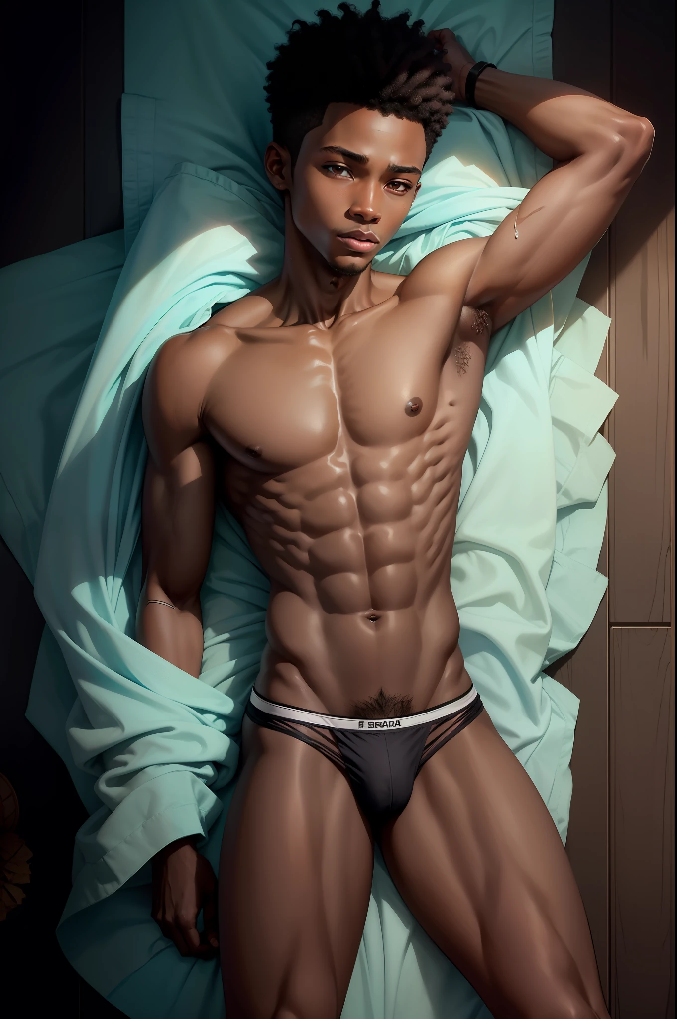 Fit age african boy, with body wet with body oil, lying on bed shirtless, pubic hair, large in transparent underwear, afro hair, afrro hair, brush cut, turquoise sheet, view from above (african male focus) naked, ultra realistic, dark skin, african boy, african skin, dark melanin, transparent underwear, dark skin, skinny black boy, fit, more dark skin, african skin, black skin, 100% melatinated boy