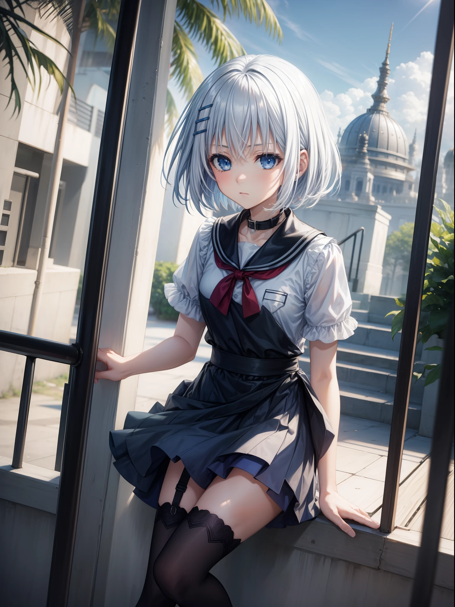 1girl, {Anime art from the 1980s:1.2},black_legwear, Blue_eyes, Blue_skye, Blur_censor, blurred, blurred background, blurry foreground, bokeh, Cloud, cloudy_skye, collar, cosplay_a  photo of a, Day, Depth of field, Dirt, east asian architecture, fence, film_Grain, Focused, hairstyle, Kemi, thights, Collection,looking into the lens, motion_Blur, name_jour, exteriors, palm tree, Park, a  photo of a_(Mid), Background for photography, Photo Installation, plant, Houseplant, rainbow, school costume, Shoes, Short hair, temple, Silver hair, skye, Squat, stadium, Street, City, a tree