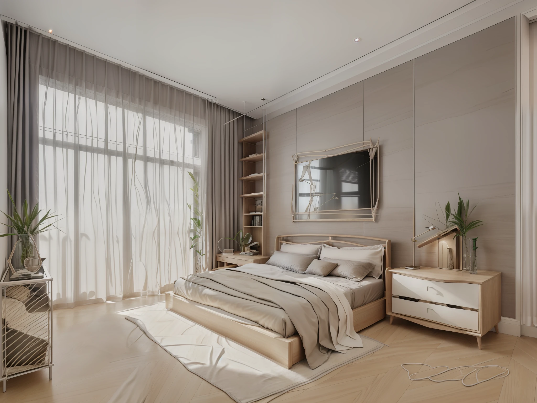 In fact, honesty, details, smooth light, super realistic natural light from to windonw to  room , 

Modern style bedroom

1 bed, 1 cabinet, headboard wall, gray curtains, fur RUP , fish bone floors, white ceiling