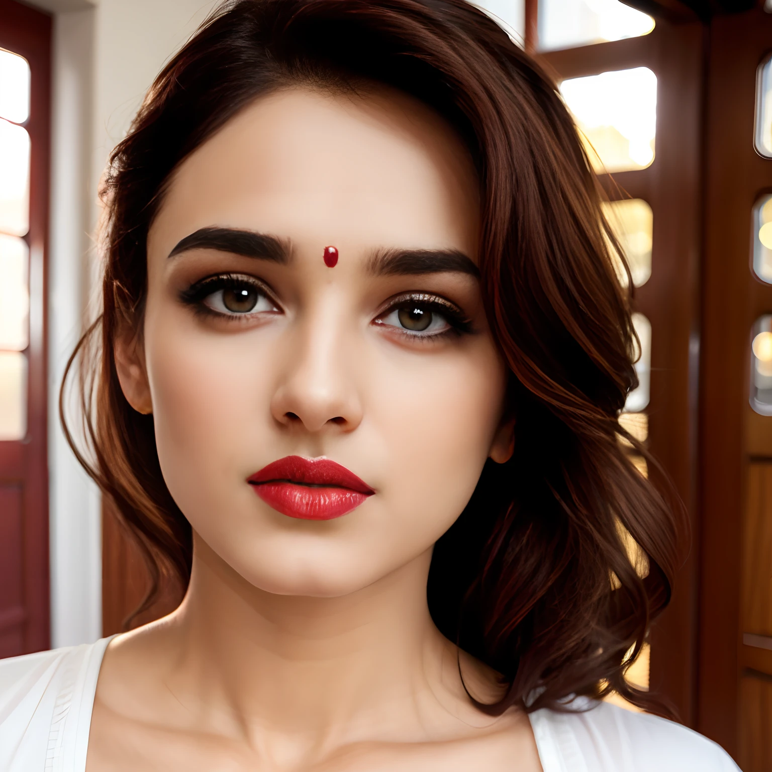 ((beautiful)+(attractive:0.9)+(sensual:0.8)) white indian actress ((nerd:0.8)+(lovely)+(clean skin)) with hazel eyes and red lips. Medium brown hair, ((intense eyes))