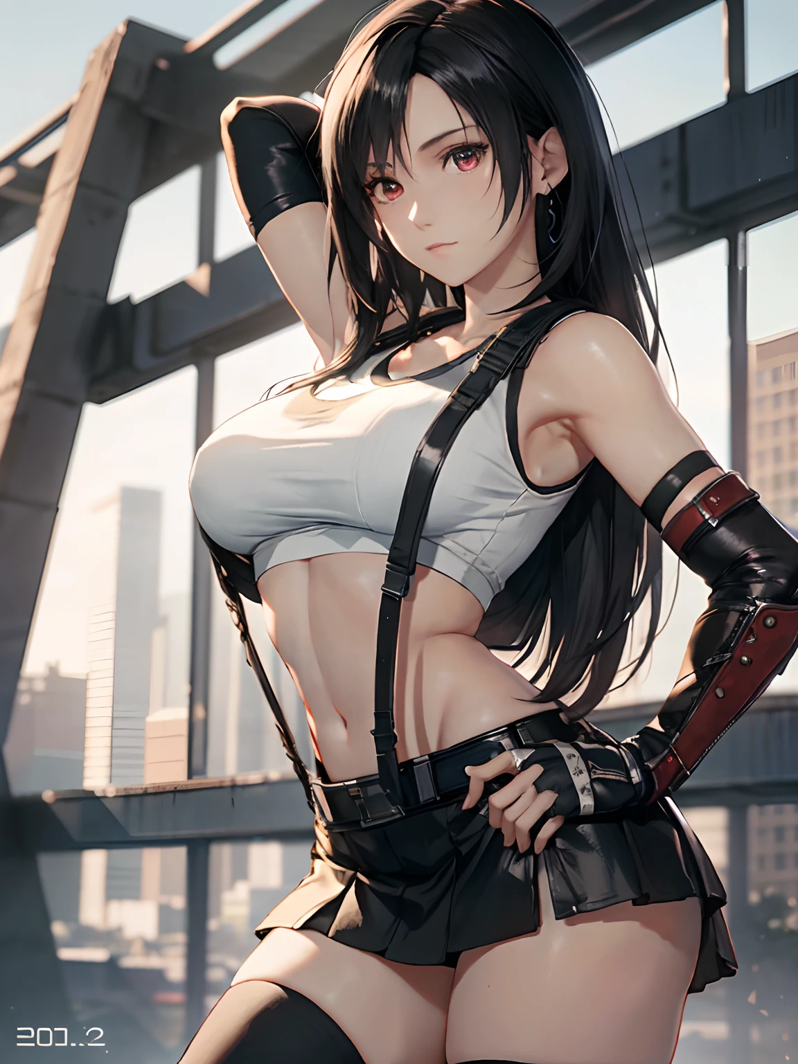 8k,masterpiece, bset quality,big, (1 girl), tifa lockhart, red_eyes, black hair, long hair, shiny skin: 1.2, shiny big, ((best quality)), crisp focus: 1.2, highly detailed face and skin texture, detailed eyes, perfect face, perfect body, art, cg, blur background, big with presence, 20yo, Mature cool and beautiful face, wearing (black skirt, black suspenders, black elbow gloves,white taut shirt,crop top,)
