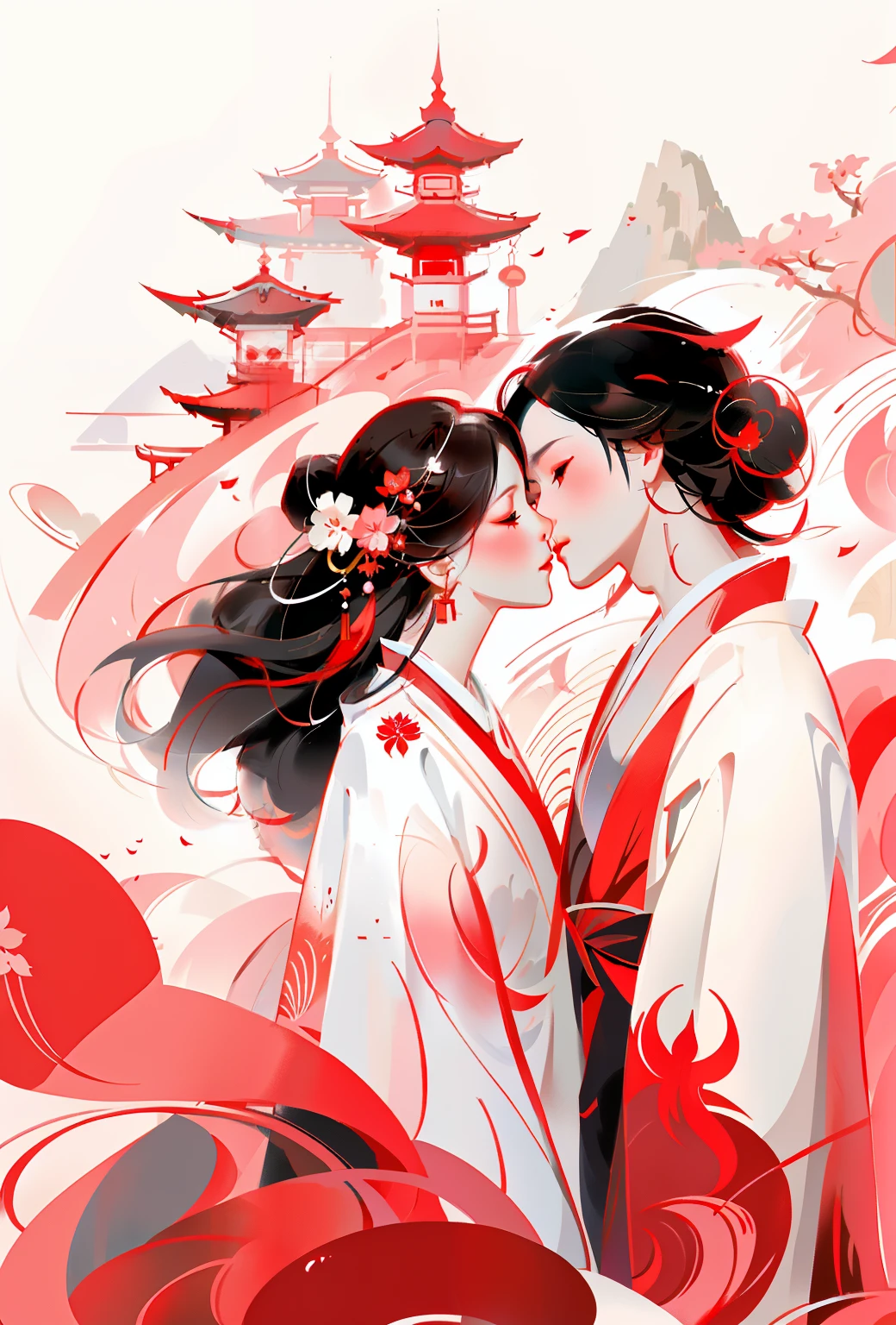 anime couple in kimono dress, nice face, perfect body, kissing under umbrellas, in front of red and white background, guweiz on pixiv artstation, guweiz, krenz cushart and wenjun lin, guweiz on artstation pixiv, artwork in the style of guweiz, flowing white robes, ross tran and bayard wu, onmyoji detailed art