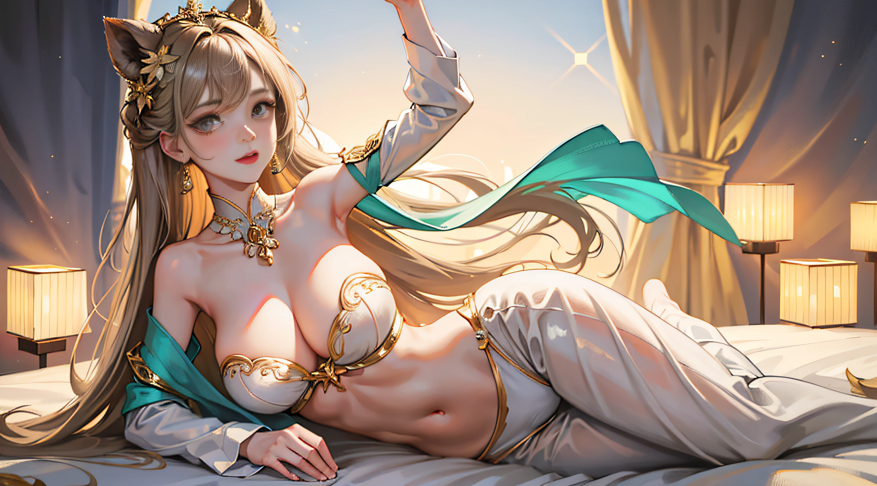 best qualtiy， tmasterpiece， A high resolution， 1girl，Ethereal beauty, gigantic cleavage breasts，camel-toe，underdressing，hair adornments，choker necklace，jewely，beauitful face，upon_body，Tyndall effect，realisticlying，edge lit，twotonelighting，（highdetailskin：1.2），8k UHD，digital SLR camera，gentle illumination，high high quality，Volumetriclighting，Frankness，photore，A high resolution，4k，8k，bokeh