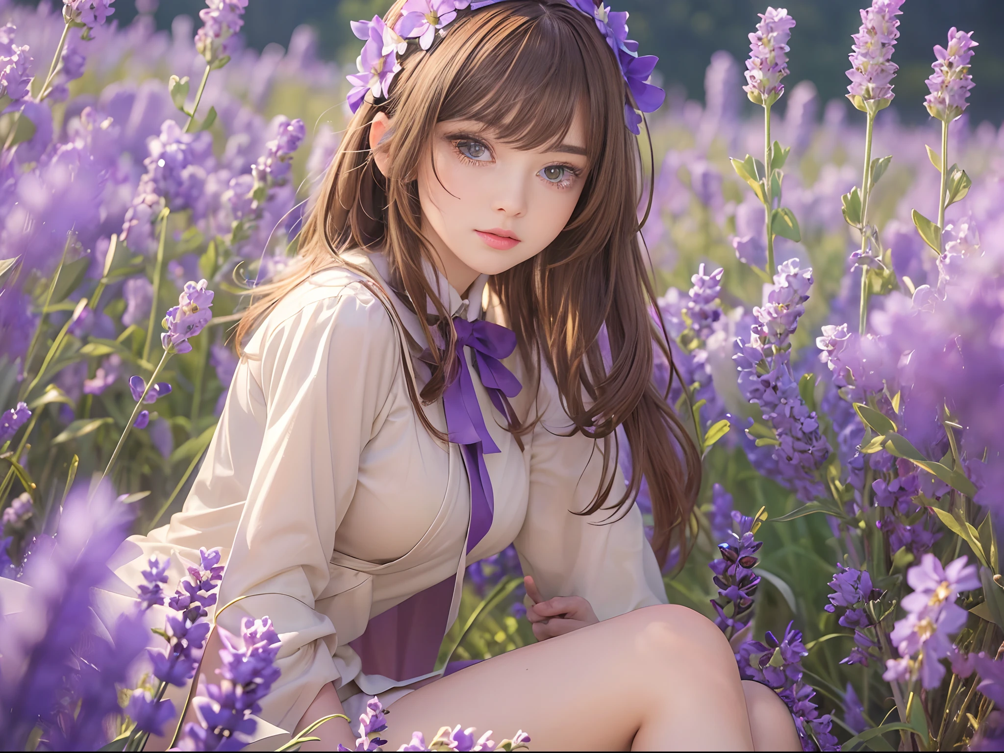 (( Real Light, Top Quality, 8k, Masterpiece: 1.3)), Normal Body Shape: 1.4, (Brown Hair, Colossal: 1.8),sitting , Open Legs, Ultra Detailed Face, Detailed Eyes, Double Eyelids, naked school girls in the lavender field