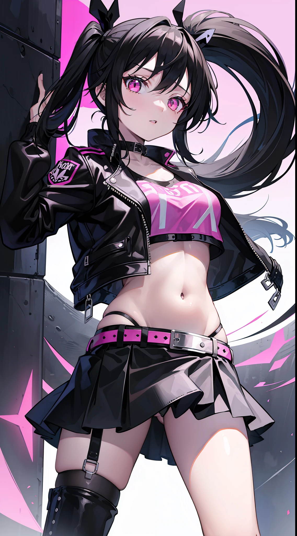 young girl, Long black hair in two ponytails, pink eyes, punk, leather jacket, Upskirt, open belly, open breasts, Masterpiece, hiquality