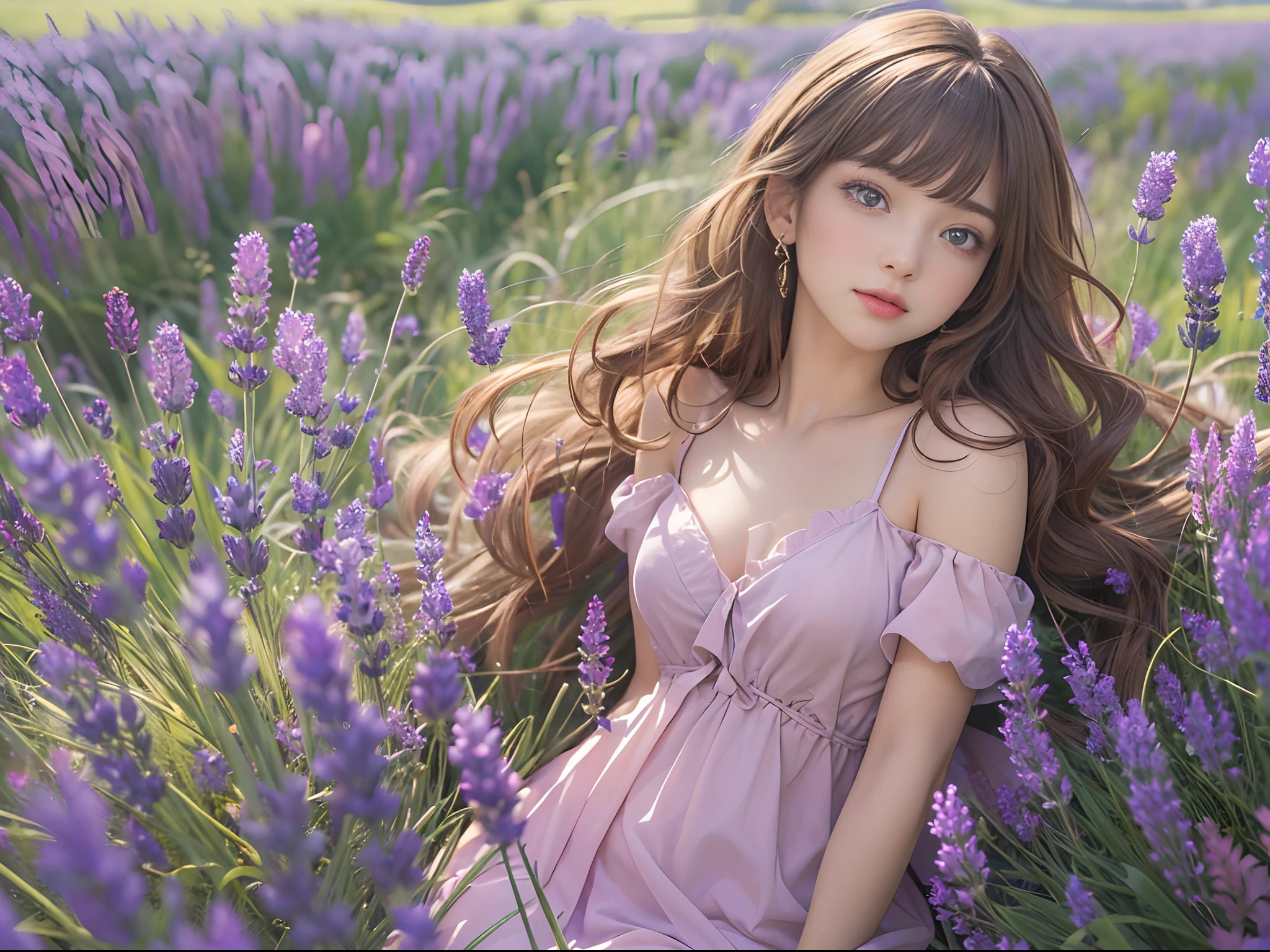 (( Real Light, Top Quality, 8k, Masterpiece: 1.3)), Normal Body Shape: 1.4, (Brown Hair, Colossal: 1.8),sitting , Open Legs, Ultra Detailed Face, Detailed Eyes, Double Eyelids, naked school girls in the lavender field