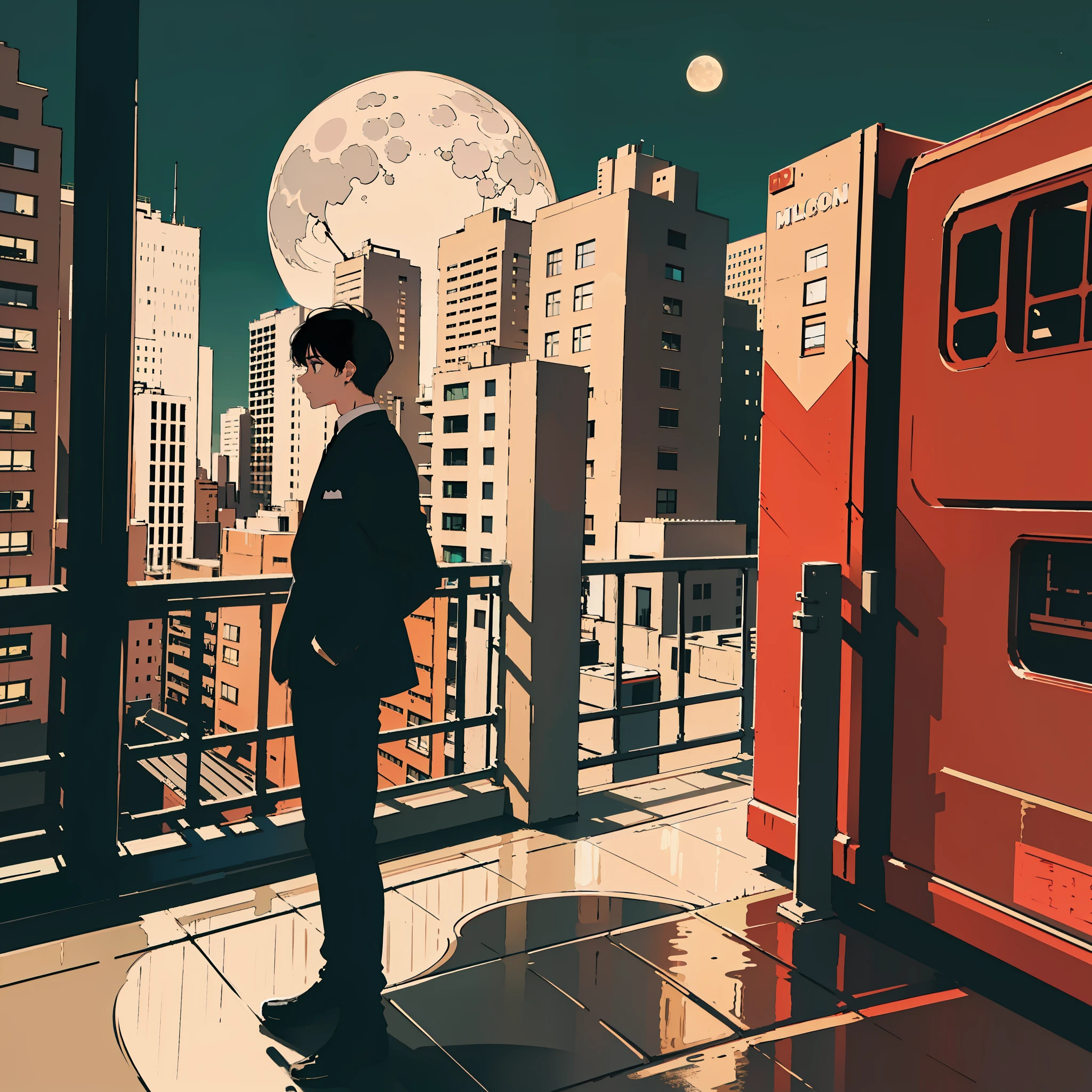 A cool young boy, standing in the top of a building, city view, moon night, moon light