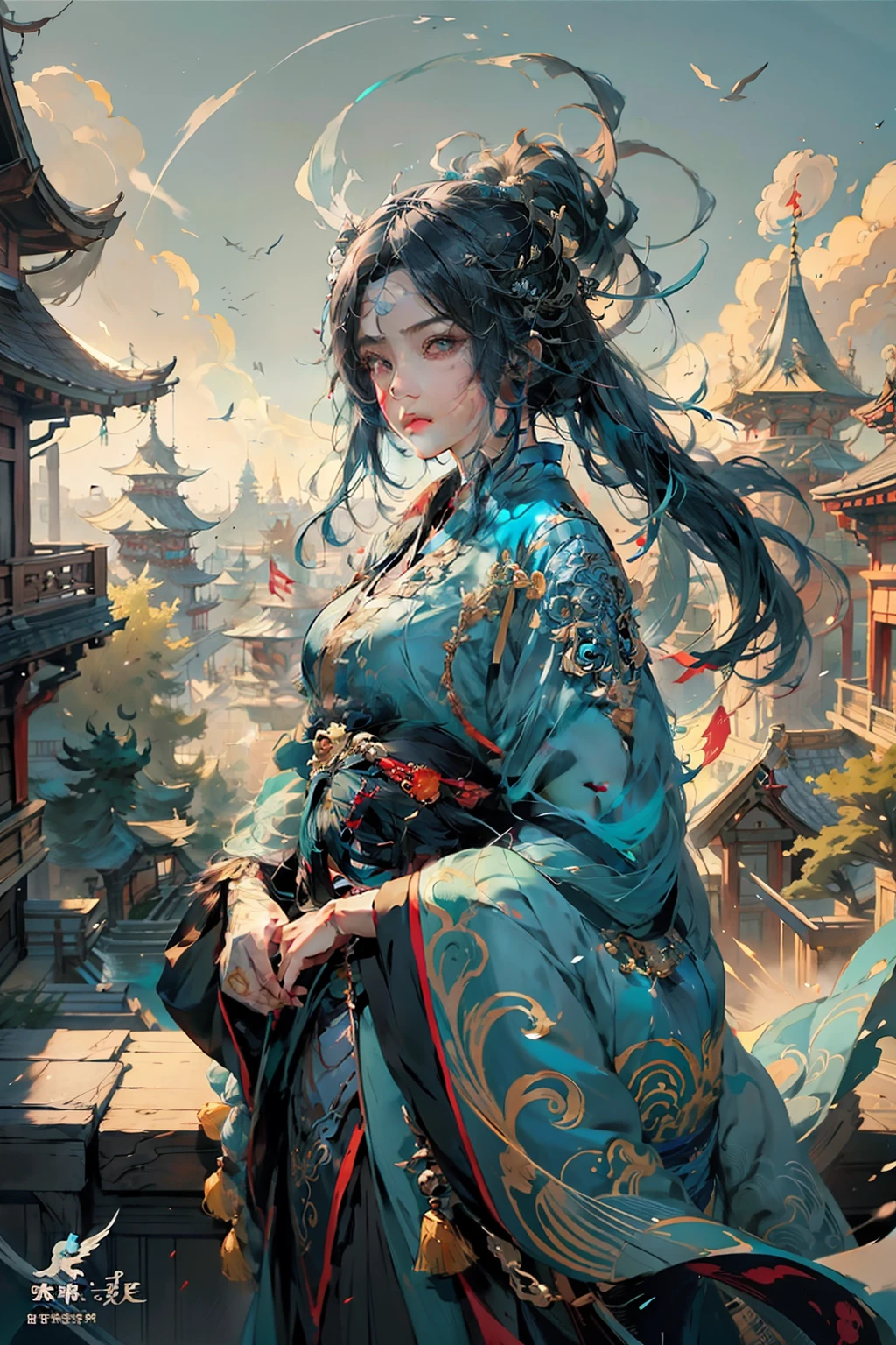 anime girl with blue hair and feathered headpiece, a girl in hanfu, guweiz, artwork in the style of guweiz, a beautiful artwork illustration, beautiful character painting, beautiful digital illustration, guweiz on pixiv artstation, exquisite digital illustration, beautiful digital artwork, by Yang J, digital anime illustration, beautiful anime portrait
