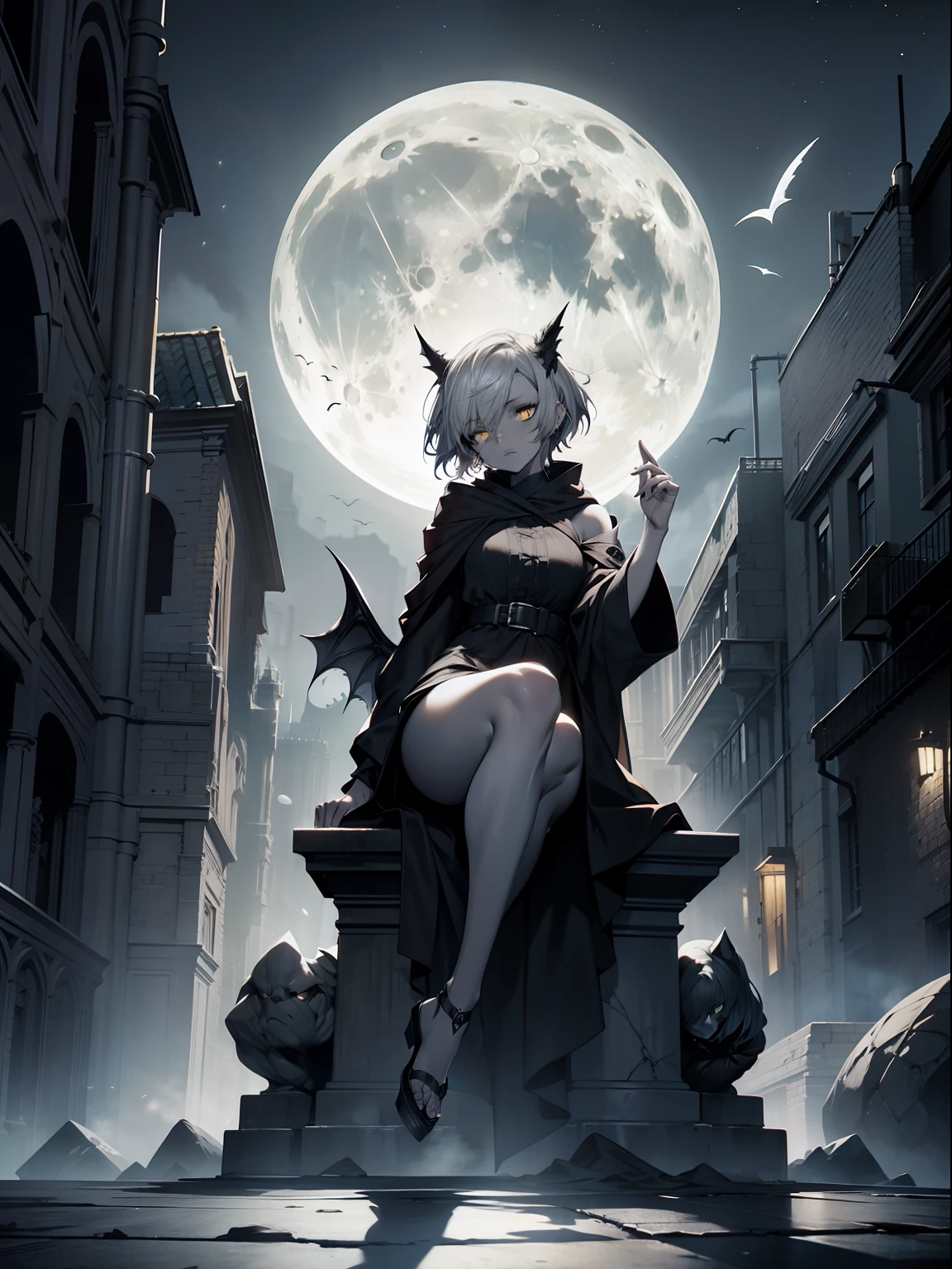Gargoyle, humanoid, grey skin, grey tint, dark night, yellow eyes, glowing eyes, female, full body, stone skin, black robes, short hair, gothic style, moon, sitting on roof