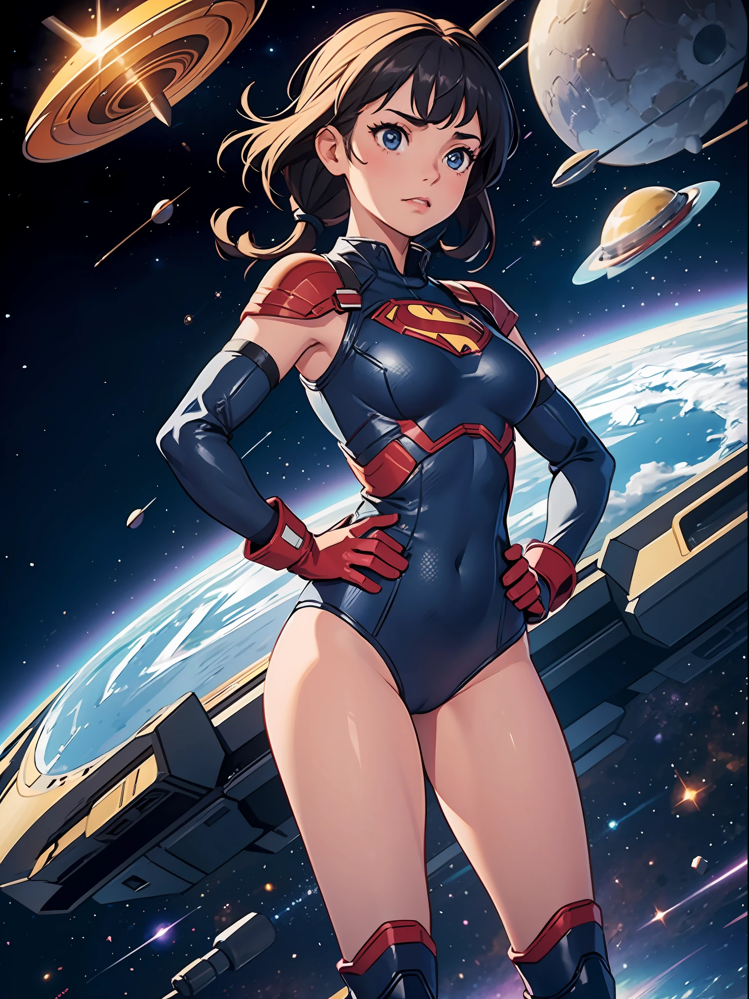 1girl, solo, leotard, bare legs, boots, hands on hip, matching gloves, superhero, space backdrop