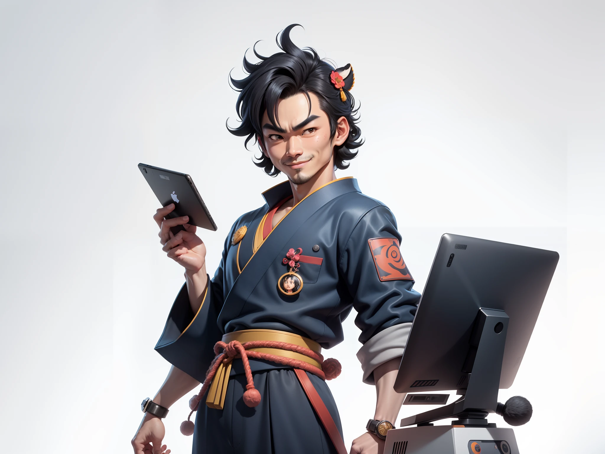 (Daisaku),(Need),(Super meticulous),(full bodyesbian:1.2),Super young man with Japanese geisha,Beautiful,orient,one tiger,Aeolian Thor,Raised sexy,爆乳,Oriental face,TV Anchor,Bust portrait illustration,In black suit,a blue tie,The face is slightly chubby,The face was clean,without a beard,Black super short hair,Black eyes,Smile confidently,3C computer sub-products,iPad, iphone,Digital painting,3D character design by Mark Clairen and Pixar and Hayao Miyazaki and Akira Toriyama,The illustration is a high-definition illustration in 4K resolution,With very detailed facial features and cartoon-style visuals。