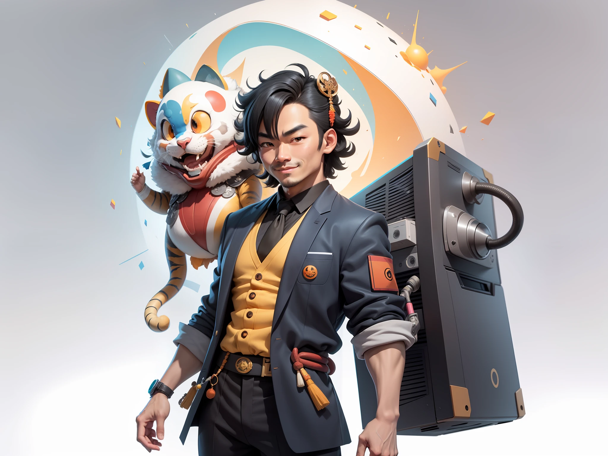 (Daisaku),(Need),(Super meticulous),(full bodyesbian:1.2),Super young man with Japanese geisha,Beautiful,orient,one tiger,Aeolian Thor,Raised sexy,爆乳,Oriental face,TV Anchor,Bust portrait illustration,In black suit,a blue tie,The face is slightly chubby,The face was clean,without a beard,Black super short hair,Black eyes,Smile confidently,3C computer sub-products,iPad, iphone,Digital painting,3D character design by Mark Clairen and Pixar and Hayao Miyazaki and Akira Toriyama,The illustration is a high-definition illustration in 4K resolution,With very detailed facial features and cartoon-style visuals。