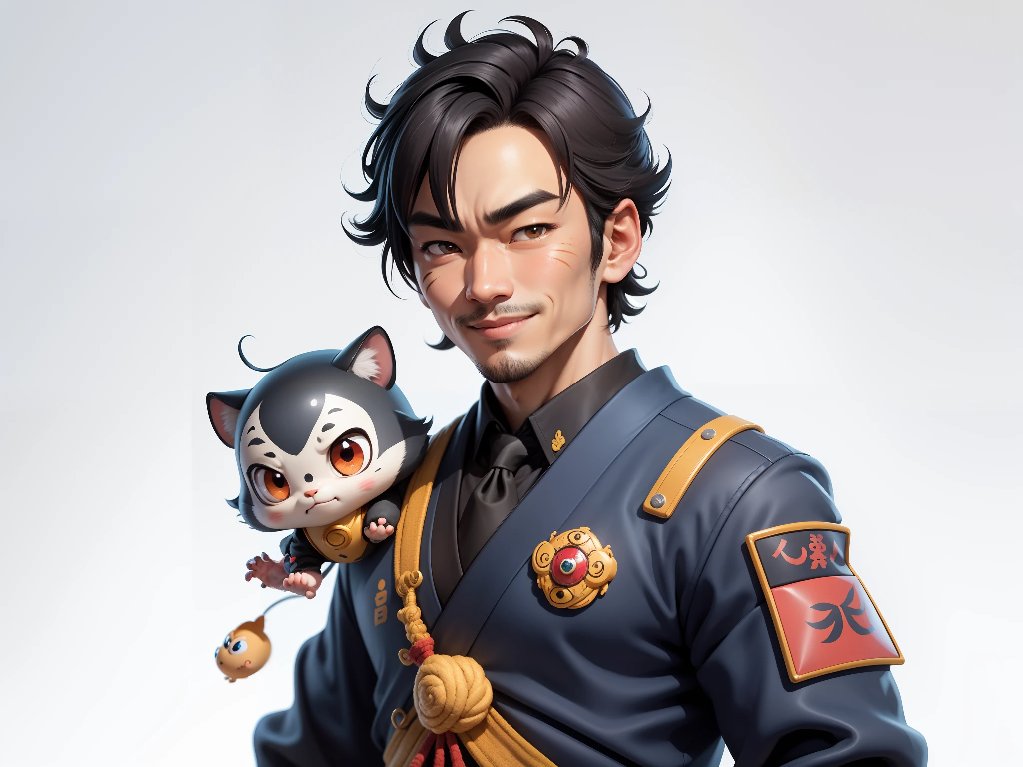 (Daisaku),(Need),(Super meticulous),(full bodyesbian:1.2),Super young man with Japanese geisha,Beautiful,orient,one tiger,Aeolian Thor,Raised sexy,爆乳,Oriental face,TV Anchor,Bust portrait illustration,In black suit,a blue tie,The face is slightly chubby,The face was clean,without a beard,Black super short hair,Black eyes,Smile confidently,3C computer sub-products,iPad, iphone,Digital painting,3D character design by Mark Clairen and Pixar and Hayao Miyazaki and Akira Toriyama,The illustration is a high-definition illustration in 4K resolution,With very detailed facial features and cartoon-style visuals。