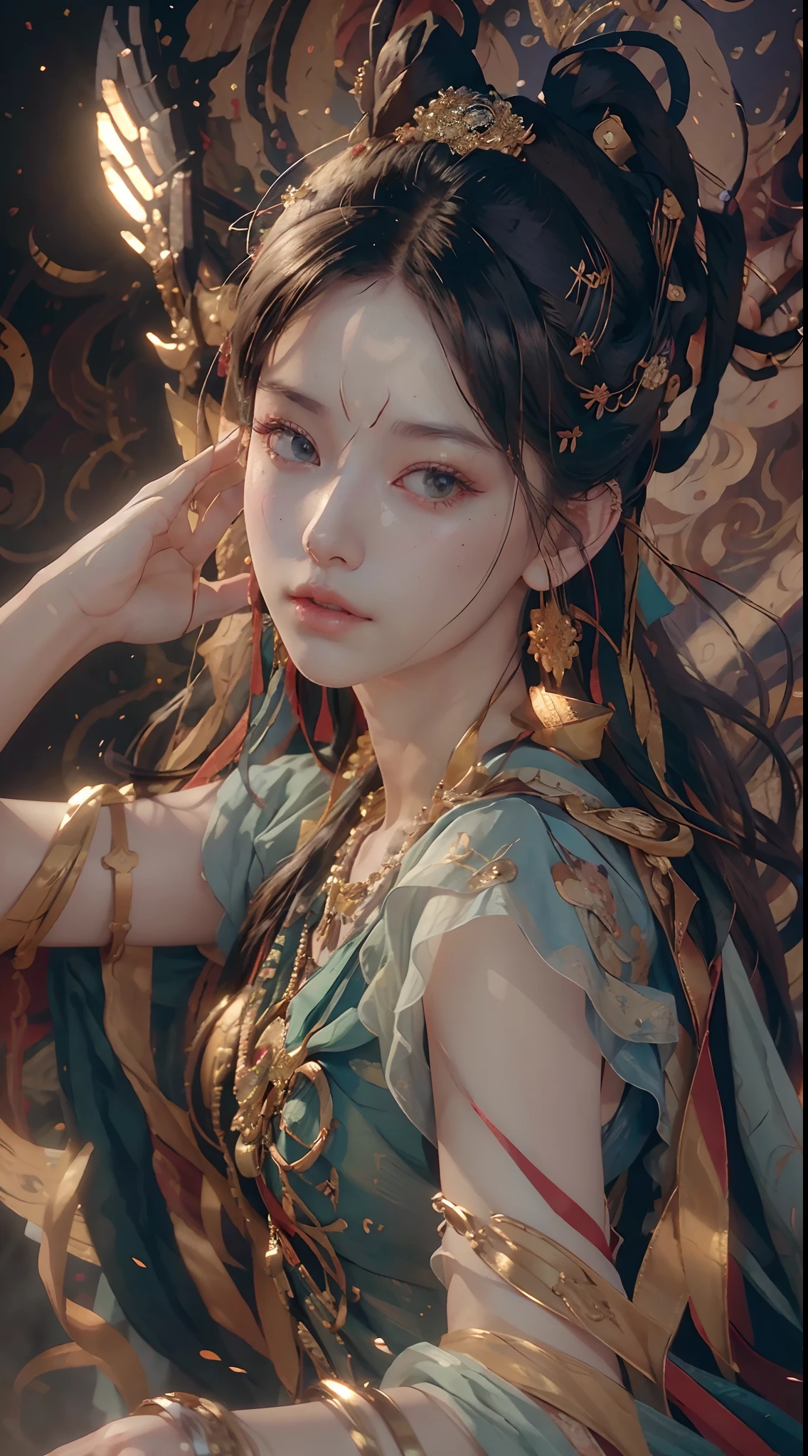 (RAW photo, best quality), (realistic, photo-realistic:1.3),best quality,highly detailed,masterpiece,ultra-detailed,illustration,1girl,upper_body,dynamic angle,world masterpiece theater,messy_long_hair,best quality,extremely detailed CG unity 8k wallpaper,ink,Amazing,cinematic lighting,lens_flare,,dunhuang_style
