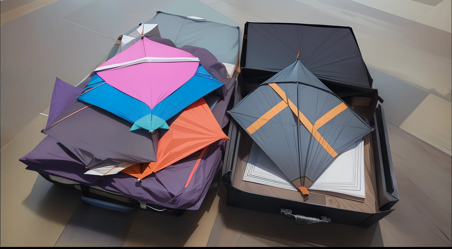 Collection of stacked colorful kites in white red violet orange color variation and an open brown cupboard box laying on a wooden floor, no black kite, no suitcase