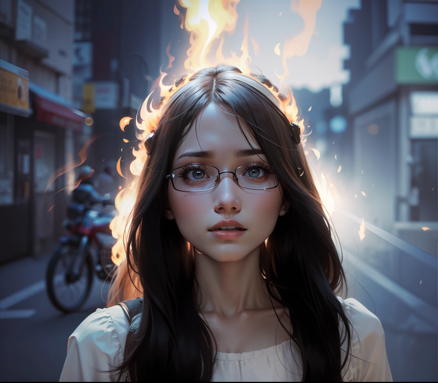The back of the woman's head was on fire