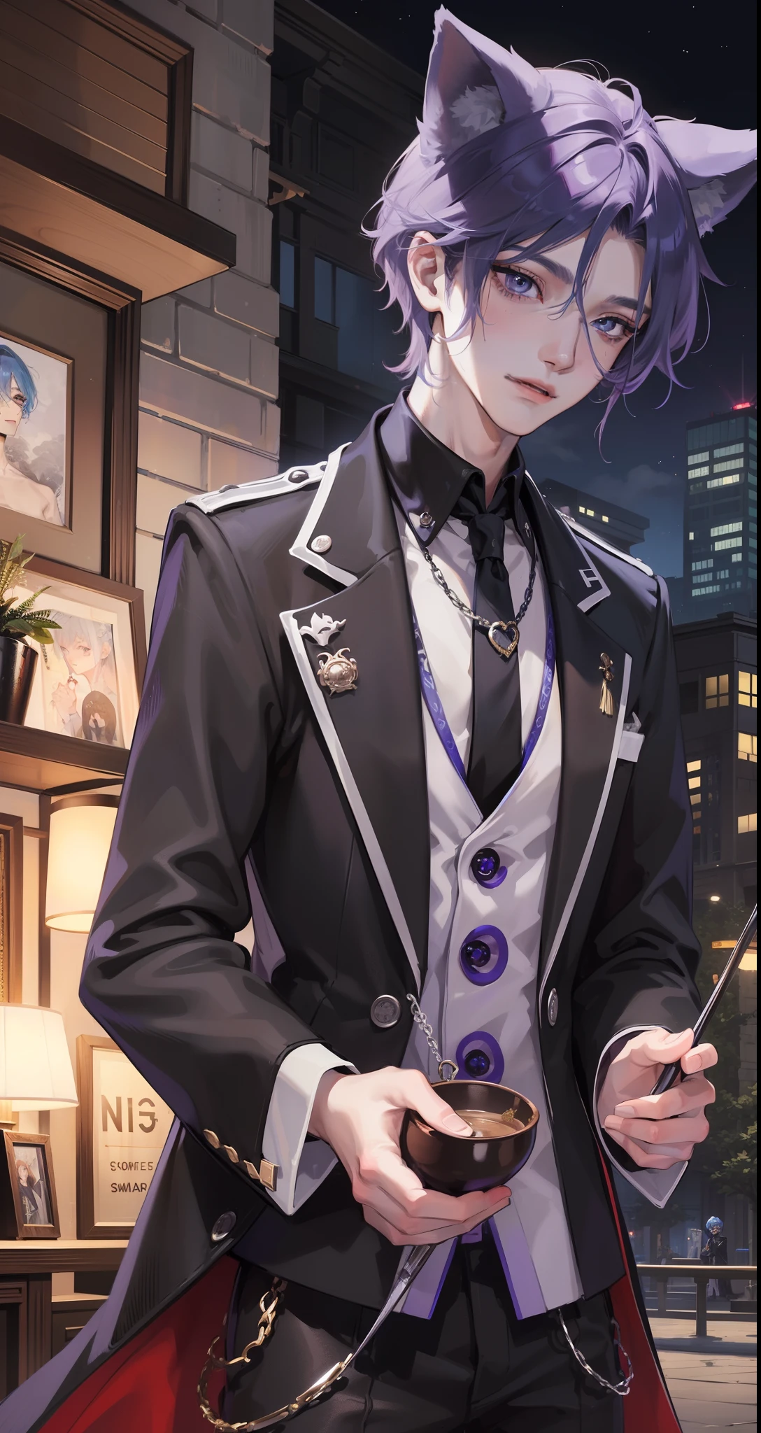 masterpiece, top-quality, 2Others, Male couple, 1 man and 1,, Adults, Height difference, different fashion, different color, finely eye and detailed face, intricate detailes, Black Butler Fashion, Modern urban streets, A smile, Happiness, tenderness, queers, Boys Love, high-level image quality、 Two beautiful men、tall、The upper part of the body、nightfall、nighttime scene、𝓡𝓸𝓶𝓪𝓷𝓽𝓲𝓬、Korean Male, k pop, Professional Photos, Vampires, Fedoman with necklace, inspired by Sim Sa-jeong, androgynous vampire, :9 detailed face: 8, extra detailed face, detailed punk hair, ((eyes are brown)) baggy eyes, Seductive. Highly detailed, semi realistic anime, Vampire butler, hyperrealistic teen, delicate androgynous prince, imvu, short hair above the ears, Man with short hair, With a purple-haired man with a wild expression, Man with light blue hair with gentle expression, With a man with short hair and beast ears with bright purple hair, A man with light blue hair and beast ears, Two males with animal ears