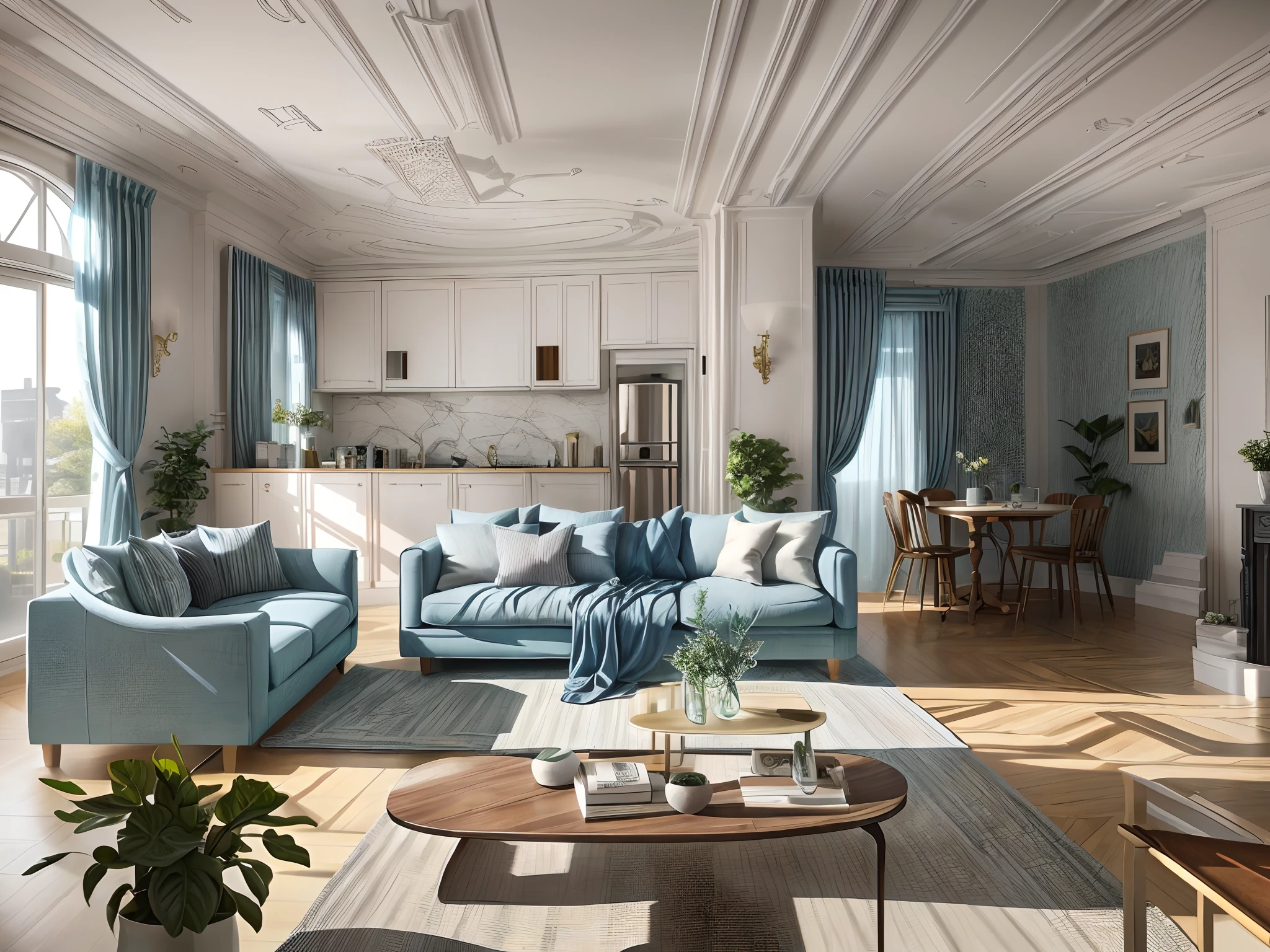 a drawing of a living room with a sofa, table, et chaises, Context in interior design, Interior background art, Illustration de croquis, Photorealistic rendering, illustration architecturale, Beau rendu, Rendu architectural, Interior design details, Art conceptuel. 8 km, Beautiful artist's rendering, detailed 2d illustration, Interior background, Interior Design Architecture, Interior Design, Visual development