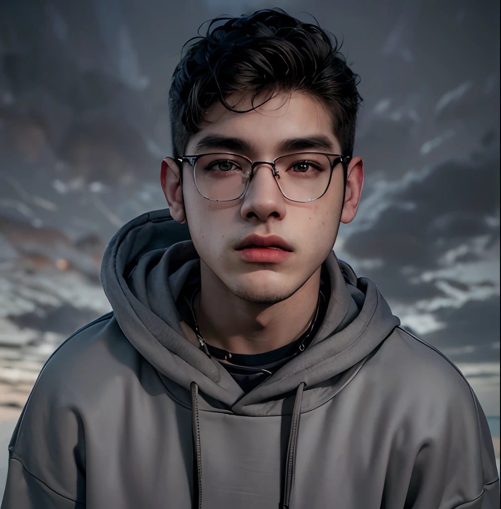 (masterpiece:1.2), (best quality:1.2), hyper realistic,highestres,absurdres,extremely detailed,volumetic,dramatic lighting,(frontal view),
20 year old boy,face,detailed eyes, dark grey hoodie, black t-shirt, with background ((sky))