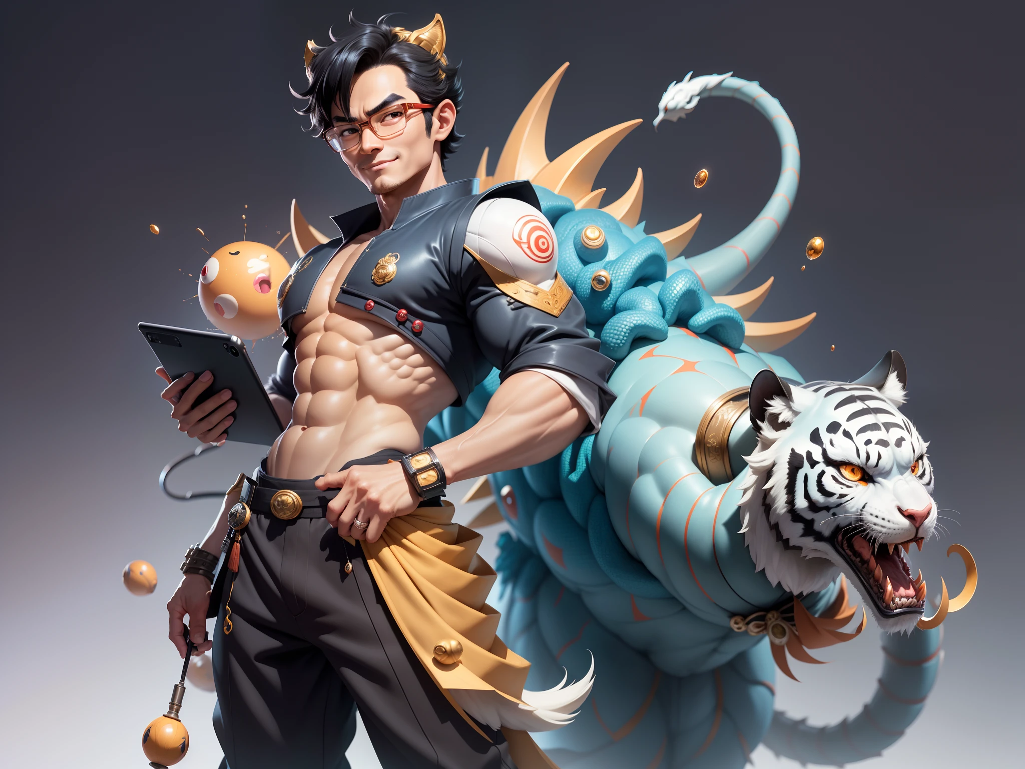 (Masterpiece), (Excellent), (Super Meticulous), (Full Body: 1.2), Super Young Man with Japanese Female Geisha, Pretty, Beautiful, Chinese Dragon, Tiger, Wind God Thor, Sexy, Bursting, Oriental Face, TV Anchor, Bust Portrait Illustration, Black Suit, Blue Tie, Slightly Chubby Face, Silver Glasses, Very Clean Face, No Beard on Chin, Black Super Short Hair, Black Eyes, Confident Smile, 3c Computer Sub-Products, iPad, iPhone, Digital Painting, 3D character design by Mark Clairedon and Pixar and Hayao Miyazaki and Akira Toriyama, the illustrations are HD illustrations in 4K resolution with highly detailed facial features and cartoon-style visuals.