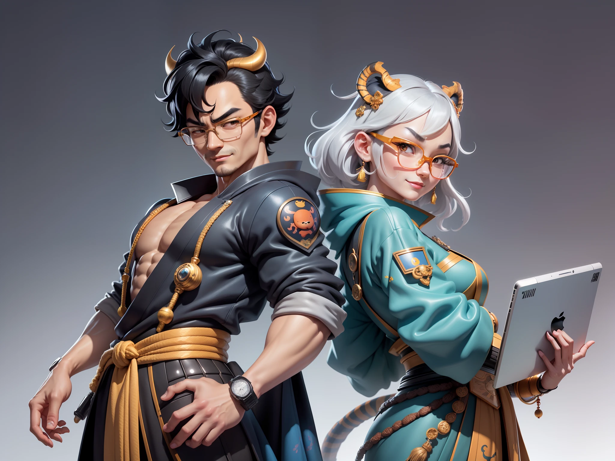 (Masterpiece), (Excellent), (Super Meticulous), (Full Body: 1.2), Super Young Man with Japanese Female Geisha, Pretty, Beautiful, Chinese Dragon, Tiger, Wind God Thor, Sexy, Bursting, Oriental Face, TV Anchor, Bust Portrait Illustration, Black Suit, Blue Tie, Slightly Chubby Face, Silver Glasses, Very Clean Face, No Beard on Chin, Black Super Short Hair, Black Eyes, Confident Smile, 3c Computer Sub-Products, iPad, iPhone, Digital Painting, 3D character design by Mark Clairedon and Pixar and Hayao Miyazaki and Akira Toriyama, the illustrations are HD illustrations in 4K resolution with highly detailed facial features and cartoon-style visuals.