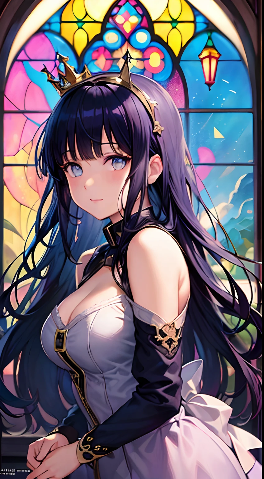 anime girl with a crown and a dress in front of a stained window, Official artwork, anime moe art style, high detailed official artwork, Beautiful anime artwork, Marin Kitagawa fanart, Digital art on Pixiv, Beautiful anime art, offcial art, Detailed digital anime art, Anime art, trending on artstation pixiv, Best anime 4k konachan wallpaper
