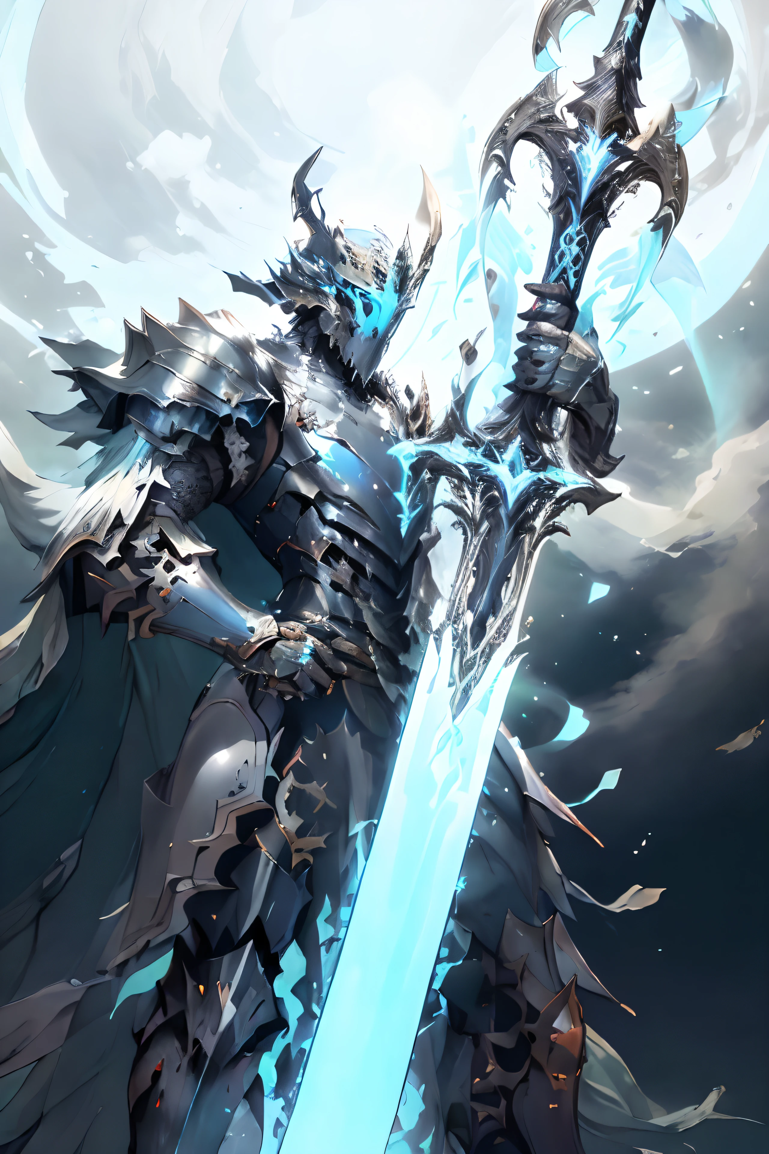 (masterpiece, top quality, best quality, official art, beautiful and aesthetic:1.2),(8k, best quality, masterpiece:1.2),CGDivineSwordsw, weapon, armor, solo, holding, horns, glowing, sword, 1boy, holding weapon, planted, male focus, glowing weapon, standing, helmet, gauntlets, holding sword, glowing sword, planted sword, shoulder armor, gradient, gradient background, greaves, pauldrons, (blue glow:1.3),